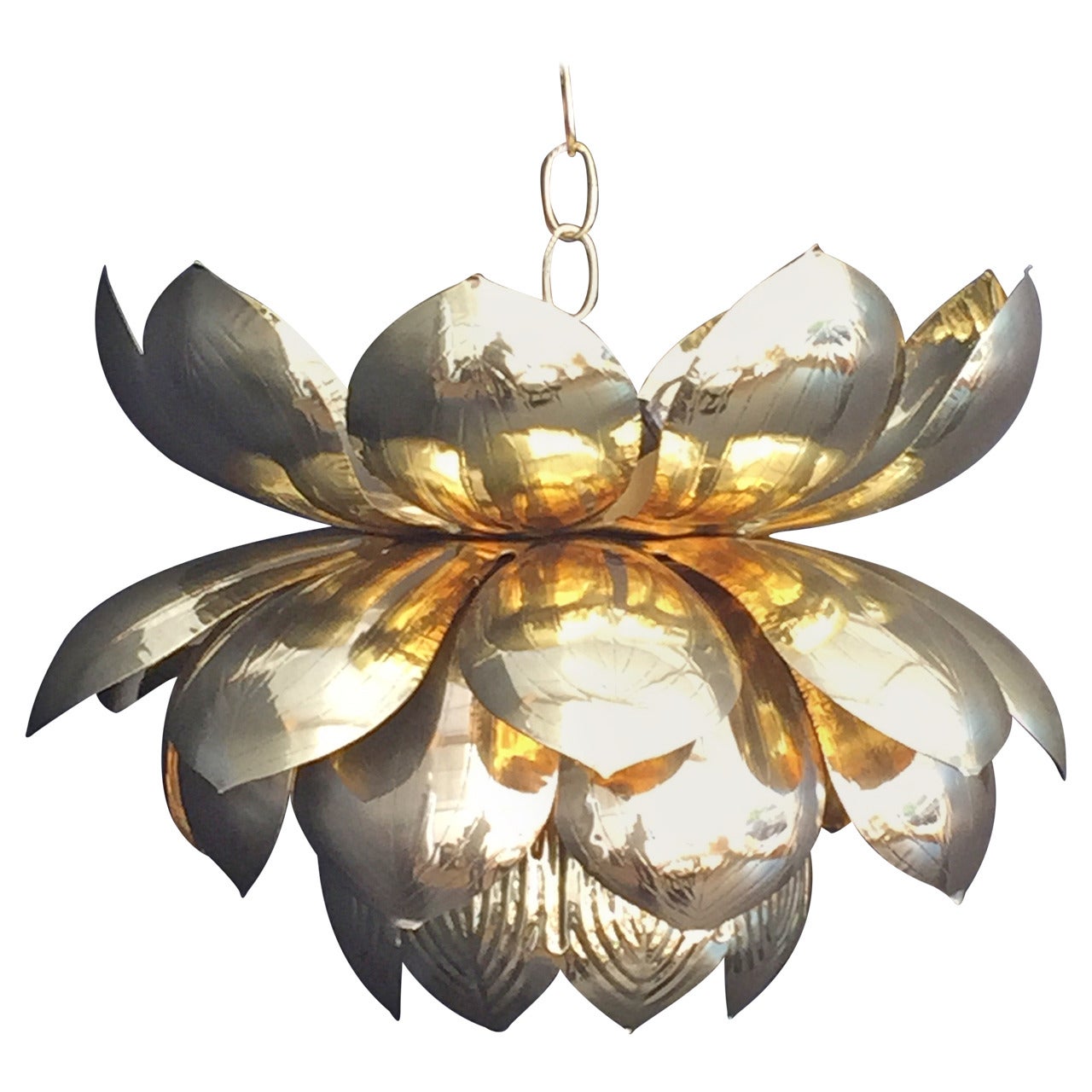 Large Brass Lotus Pendant Light by Feldman