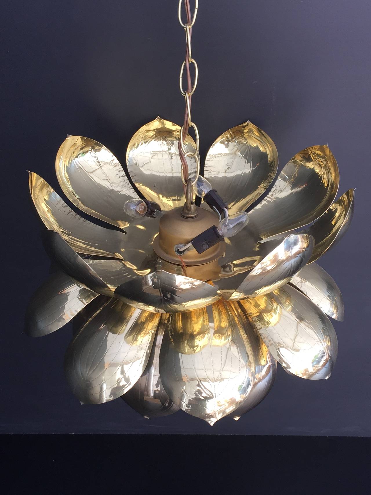 Mid-Century Modern Large Brass Lotus Pendant Light by Feldman