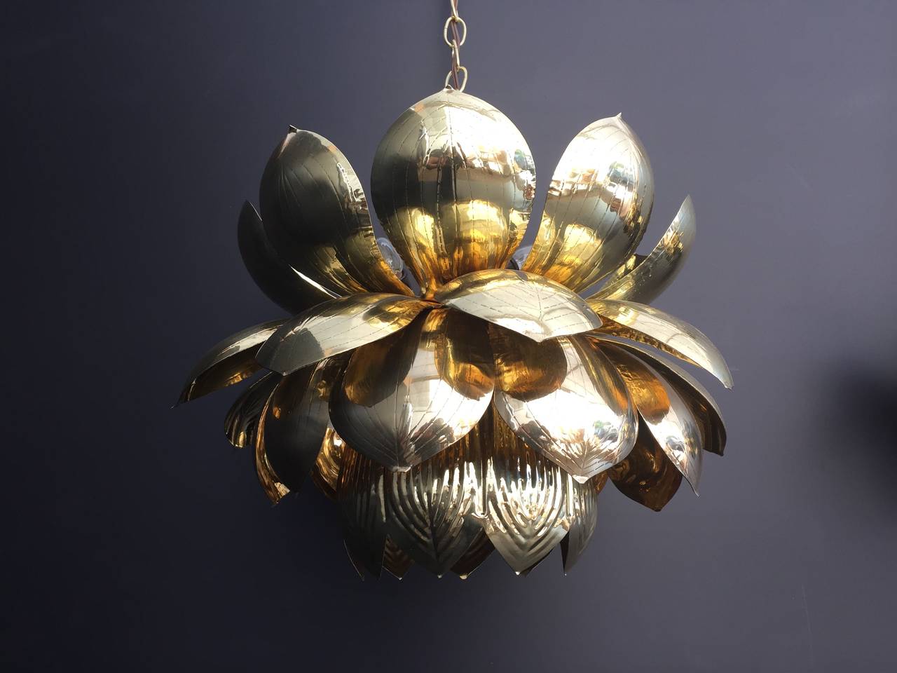 Polished Large Brass Lotus Pendant Light by Feldman
