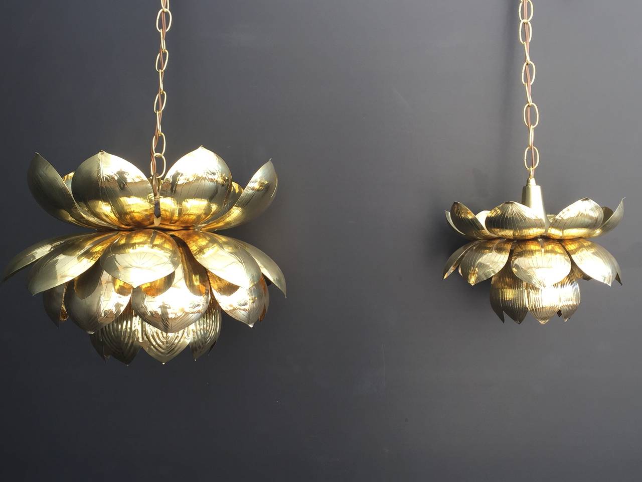 Large Brass Lotus Pendant Light by Feldman In Excellent Condition In North Hollywood, CA