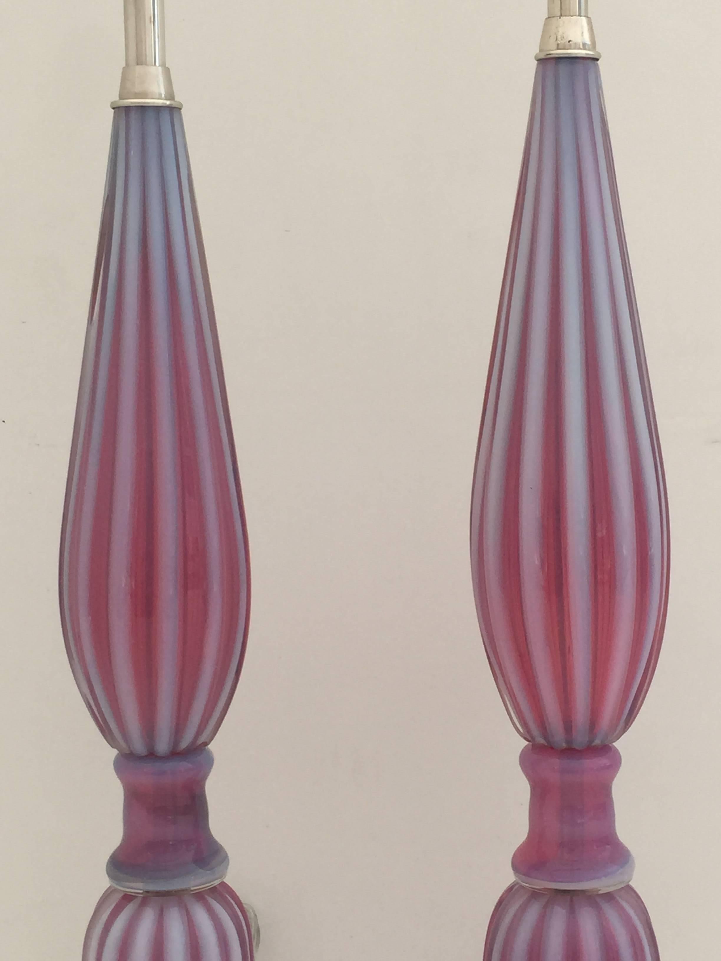 Italian Seguso Murano Pink Opalescent Glass Lamps on Lucite Base