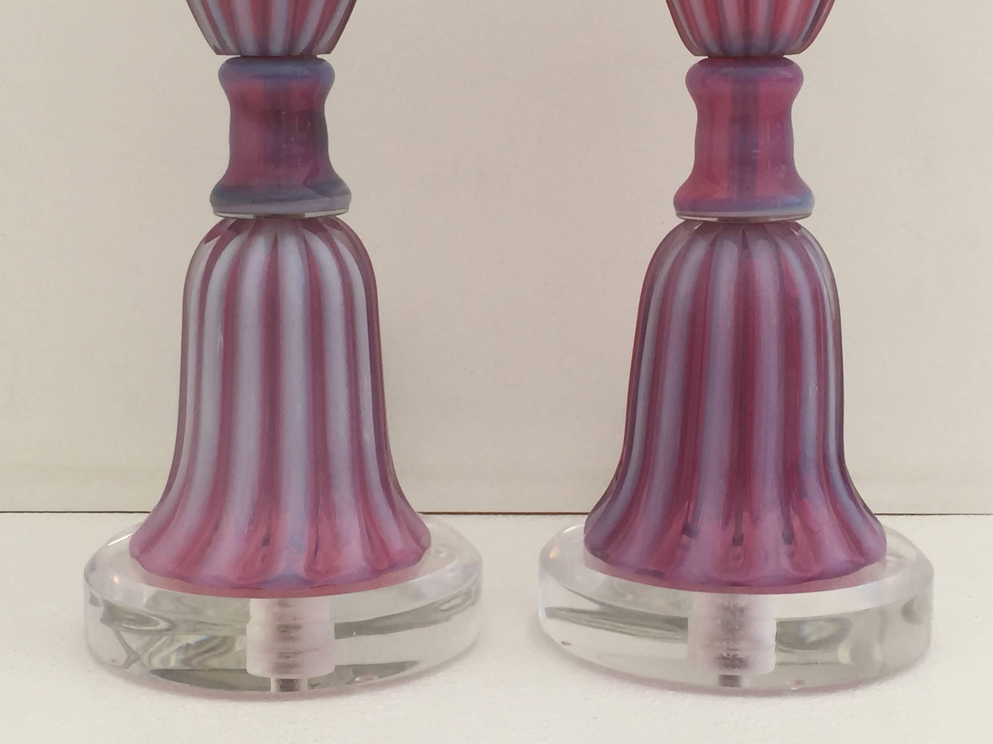 Hollywood Regency Seguso Murano Pink Opalescent Glass Lamps on Lucite Base