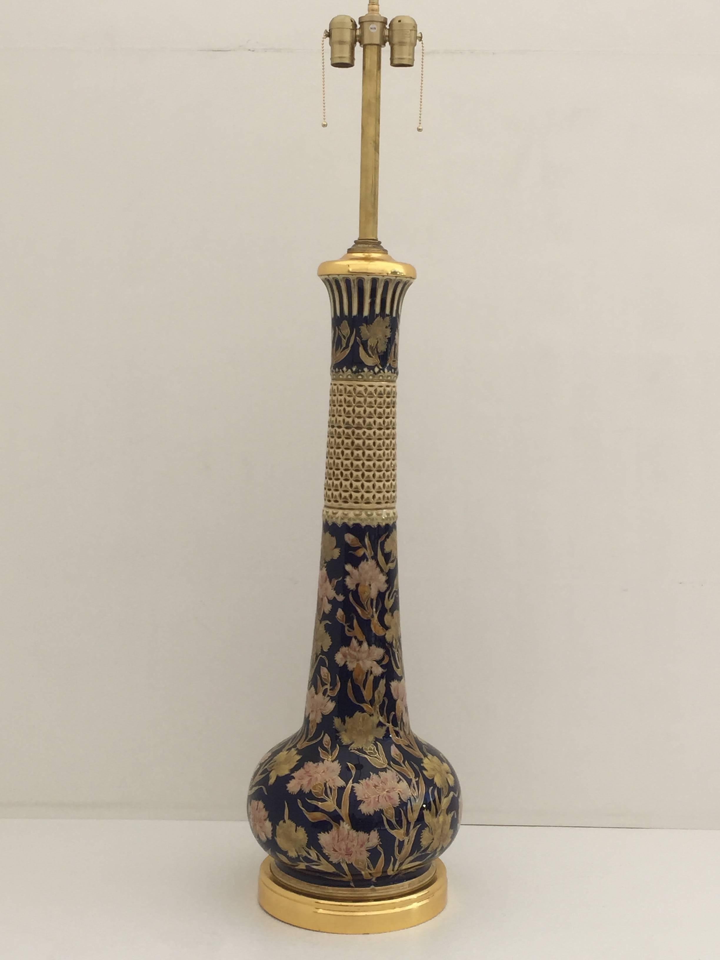 Hollywood Regency Giant Ceramic and Gold Lamp with Islamic Floral Motif style of Marbro For Sale