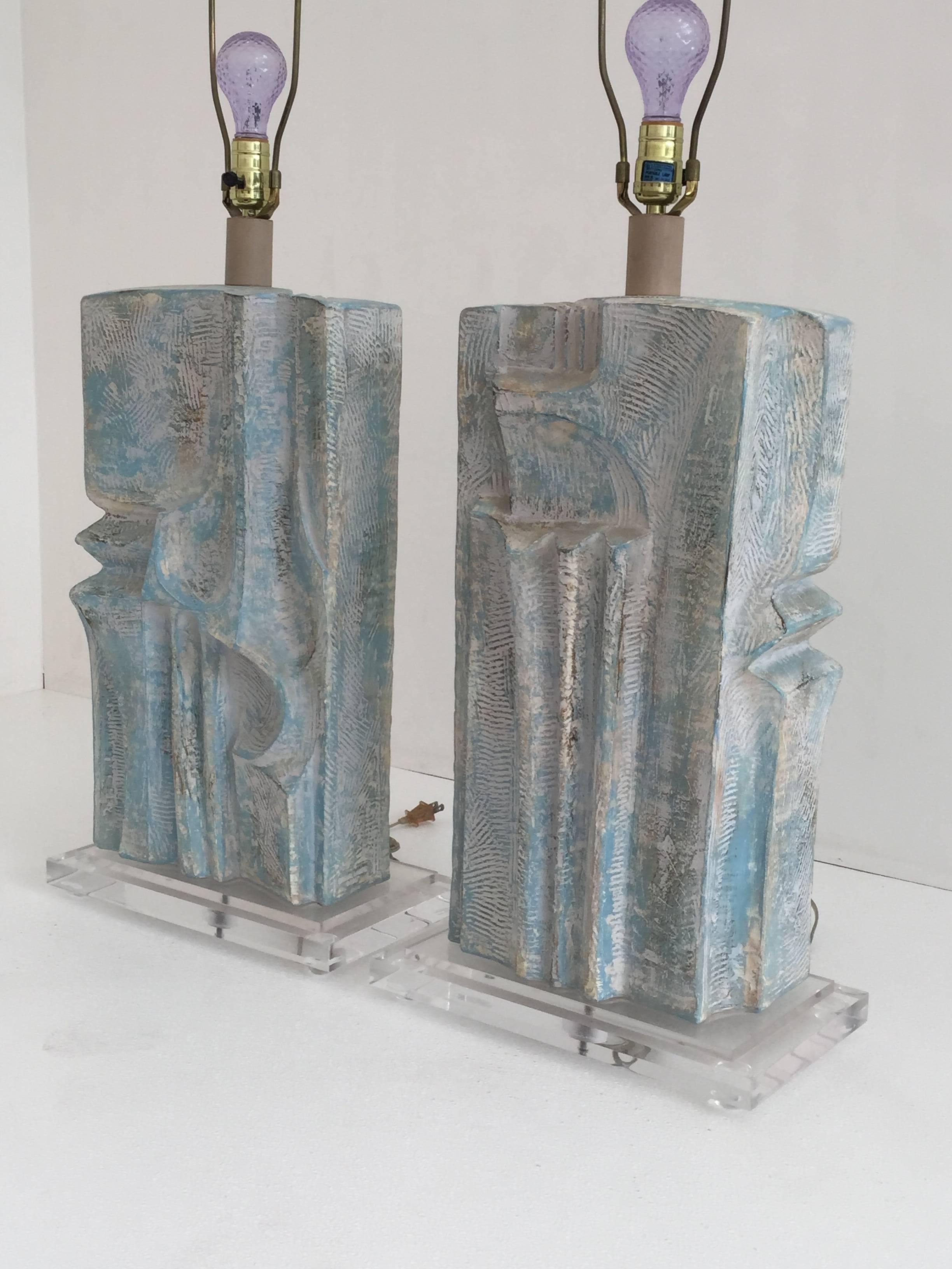 Brutalist Style Plaster Lamps in Aqua Blue Whitewash Finish In Excellent Condition In North Hollywood, CA