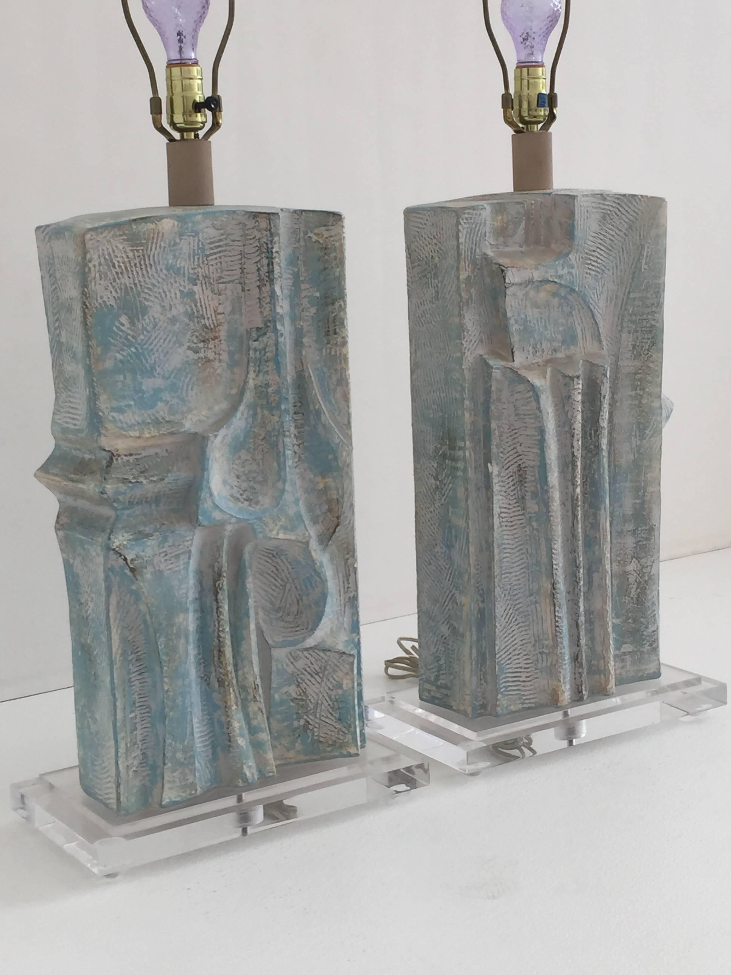 Late 20th Century Brutalist Style Plaster Lamps in Aqua Blue Whitewash Finish