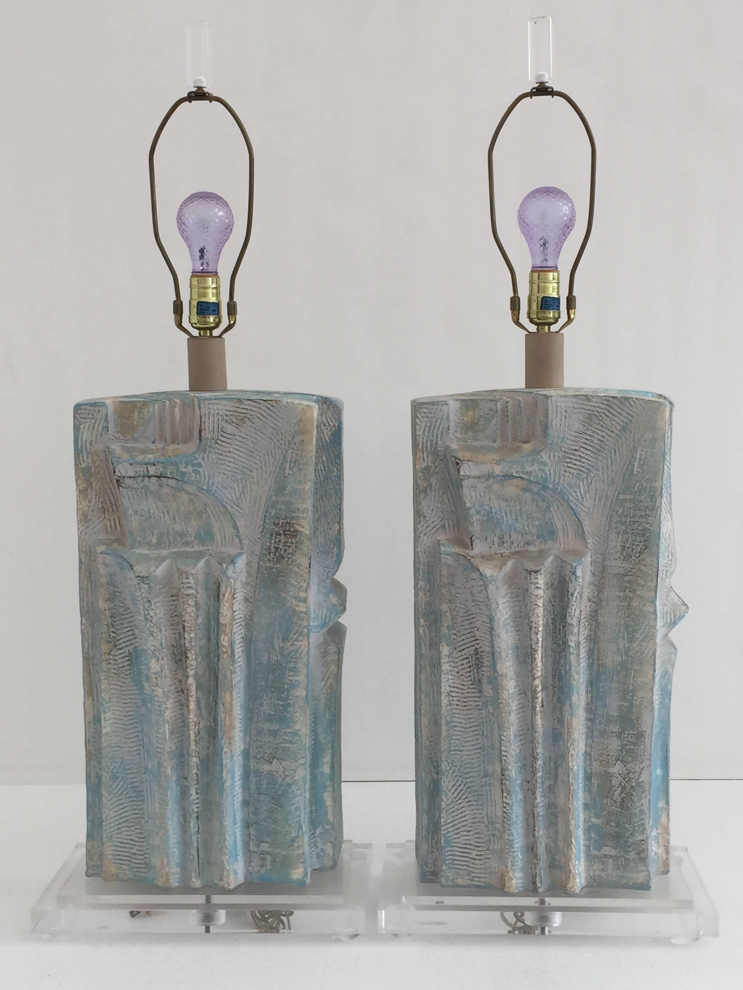 Brutalist Style Plaster Lamps in Aqua Blue Whitewash Finish 2