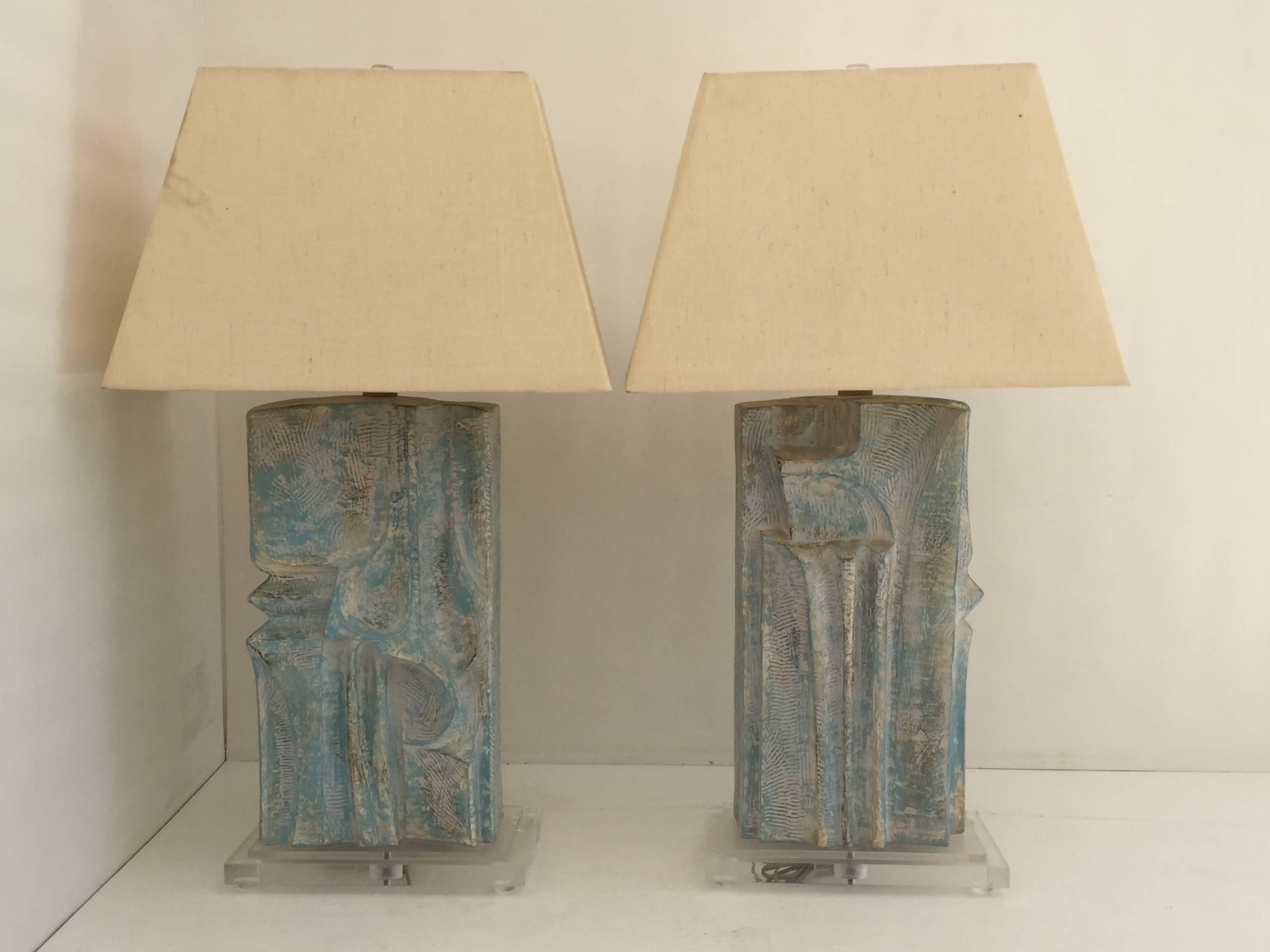 Brutalist Style Plaster Lamps in Aqua Blue Whitewash Finish 4