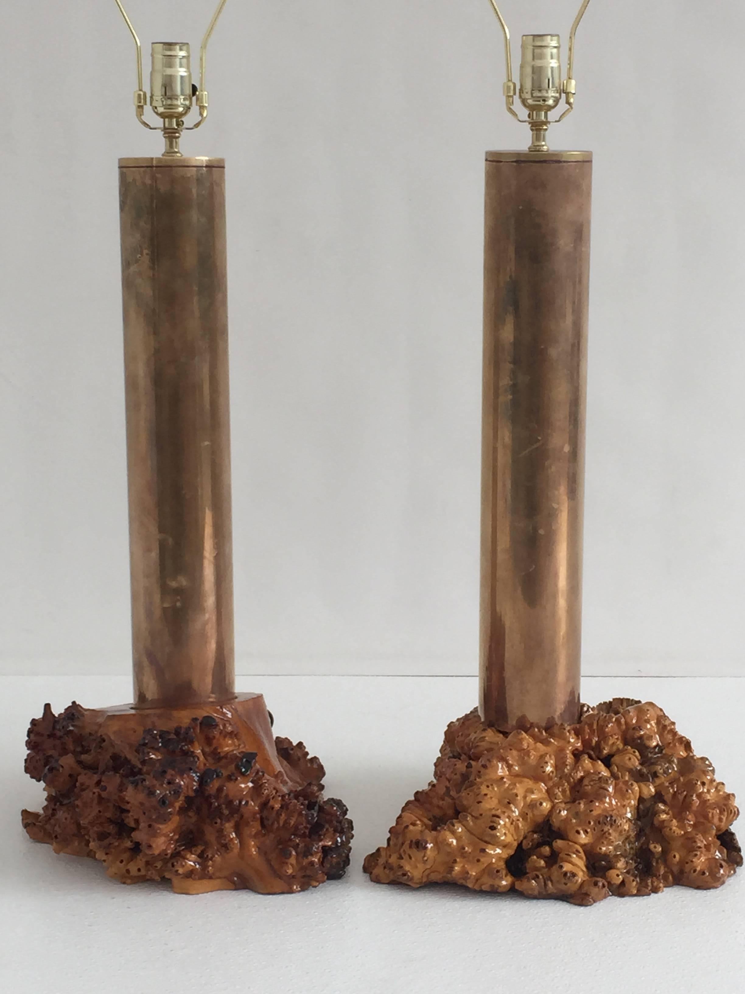 Pair of California studio modern patinated brass and Manzanita root burl lamps.
Brass cylinder is 3.5