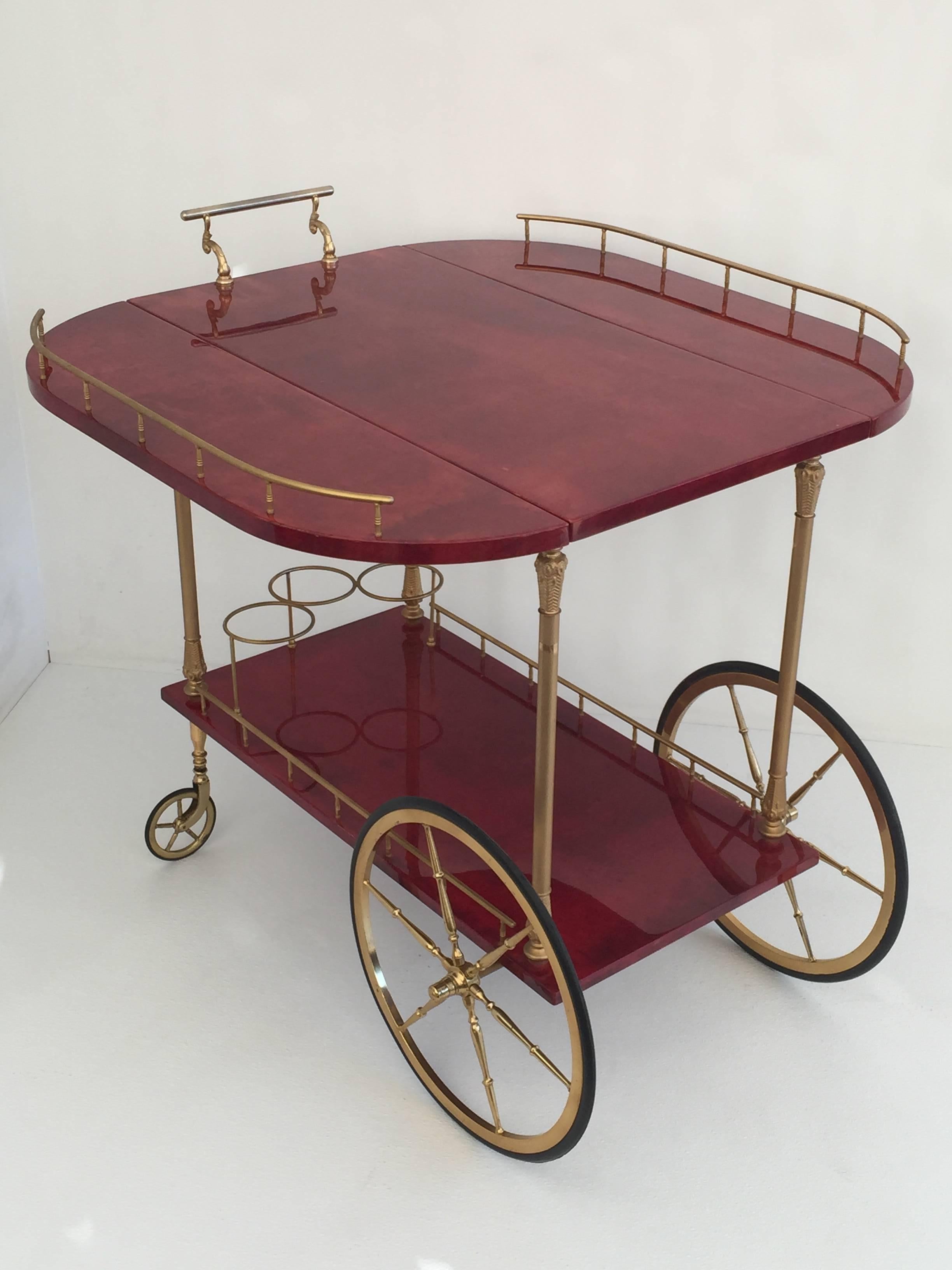 Brass Red Parchment Aldo Tura Drop-Leaf Bar Cart