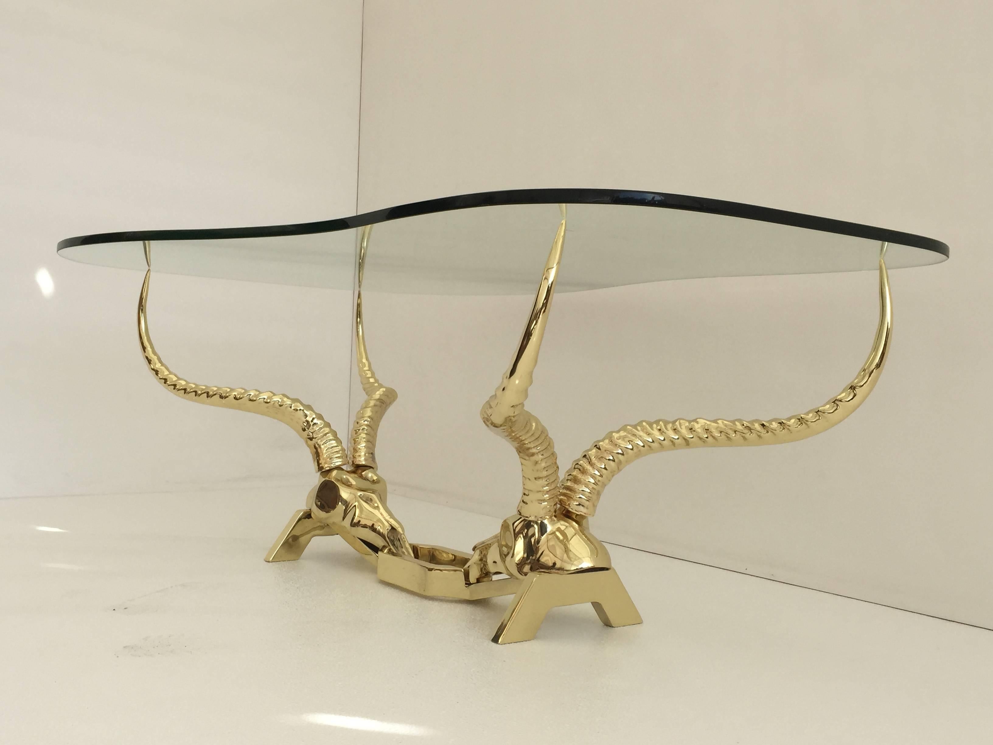 Hollywood Regency Brass Ibex or Antelope Coffee Table by Fondica, France