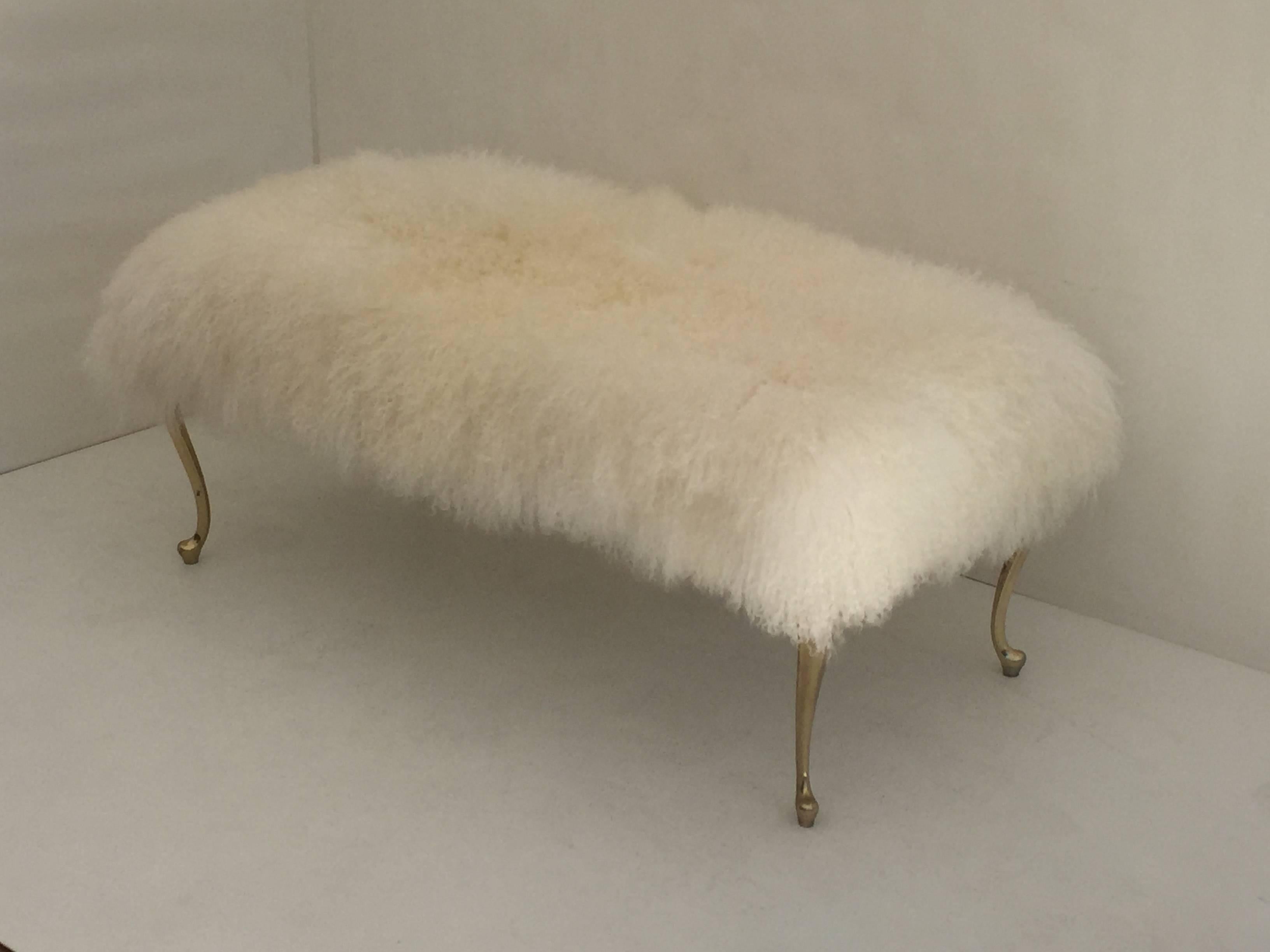 Plated Mongolian Lamb Wool Bench Footrest with Cabriolet Brass Legs