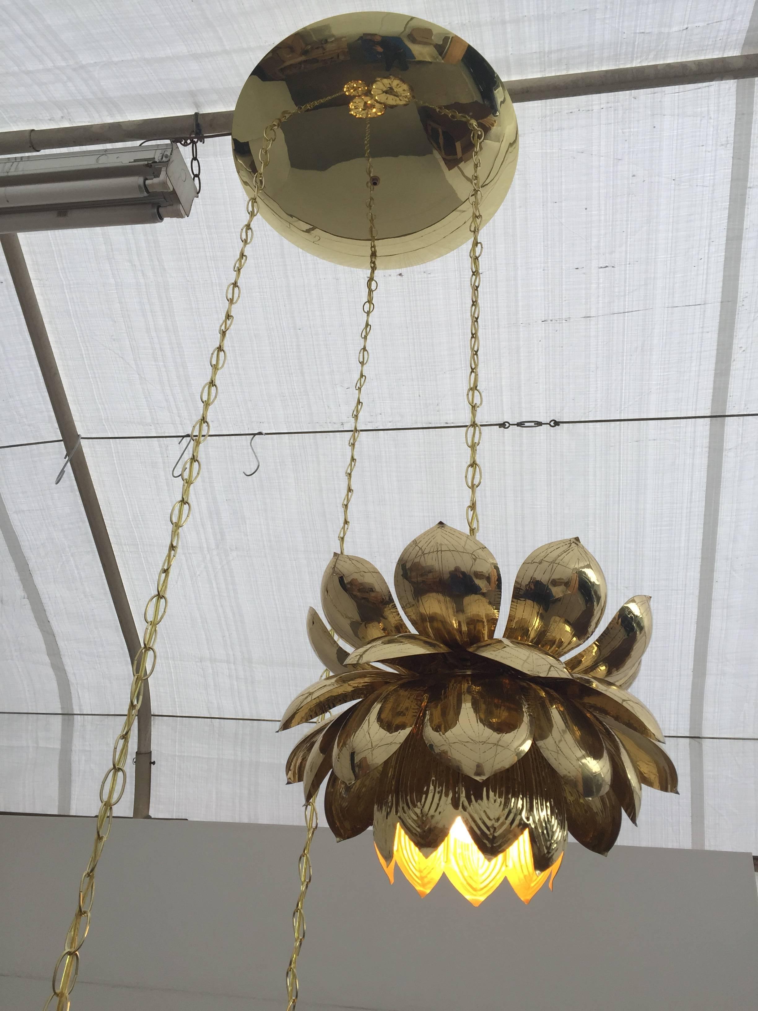 Polished Massive Feldman Brass Chandelier with Large Lotus Pendants