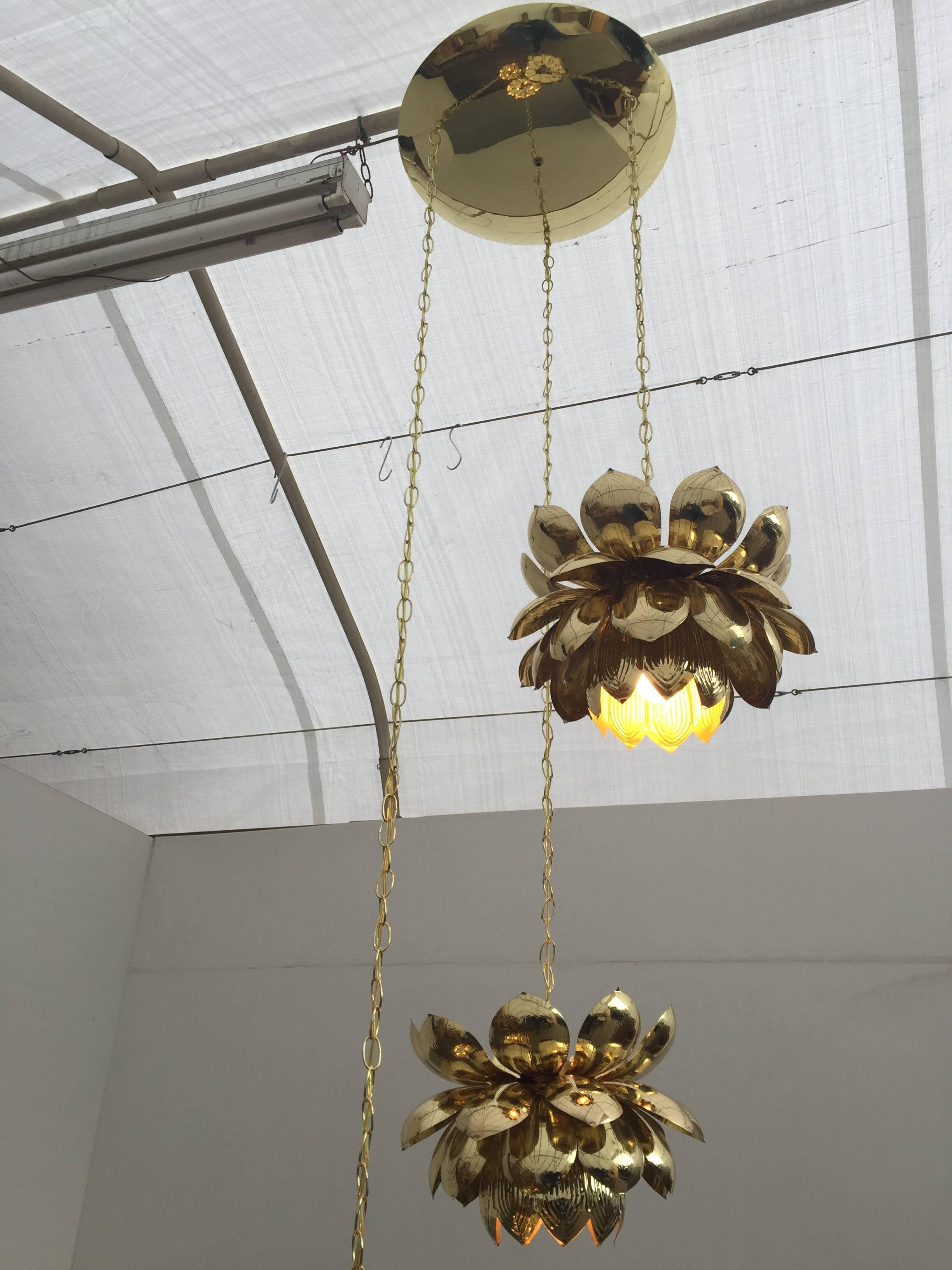 Massive Feldman Brass Chandelier with Large Lotus Pendants In Excellent Condition In North Hollywood, CA