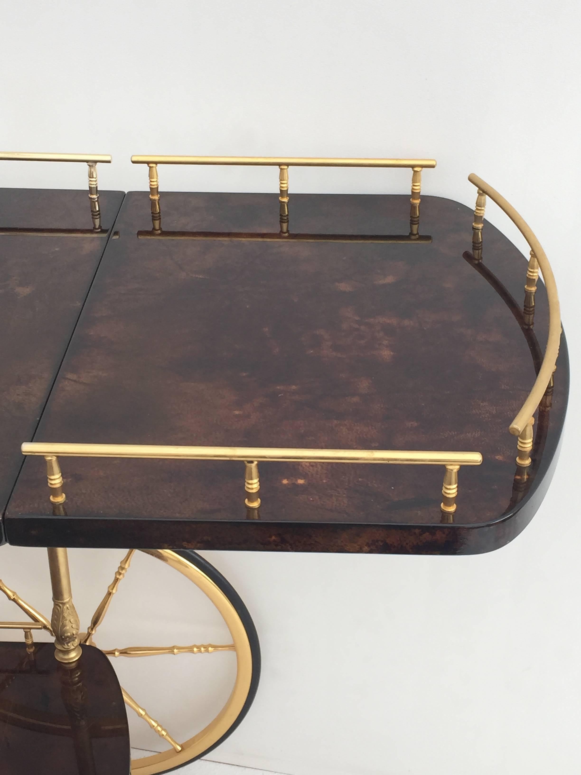 Lacquered Aldo Tura Parchment Drop-Leaf Bar Cart in Dark Brown