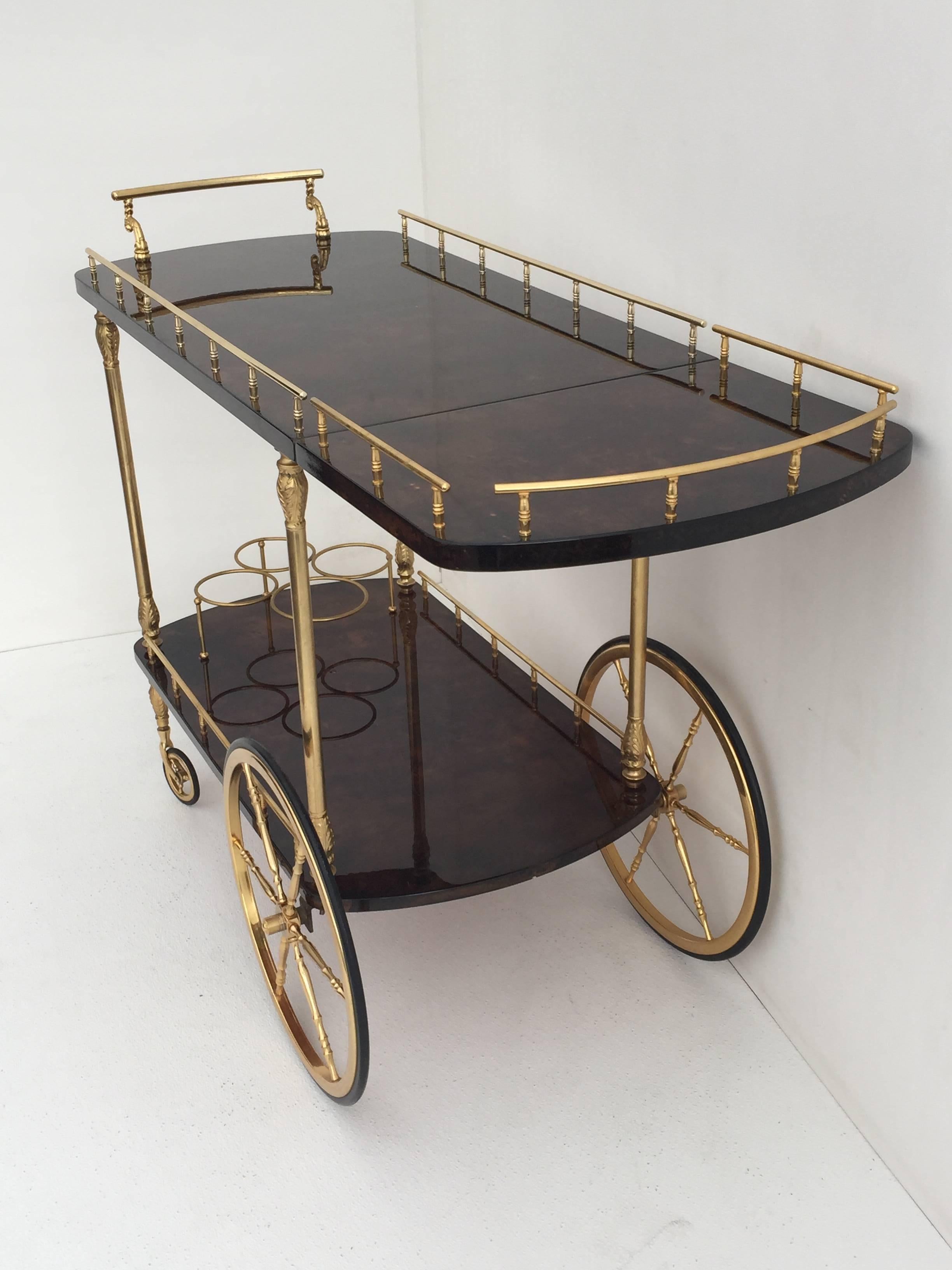 Brass Aldo Tura Parchment Drop-Leaf Bar Cart in Dark Brown