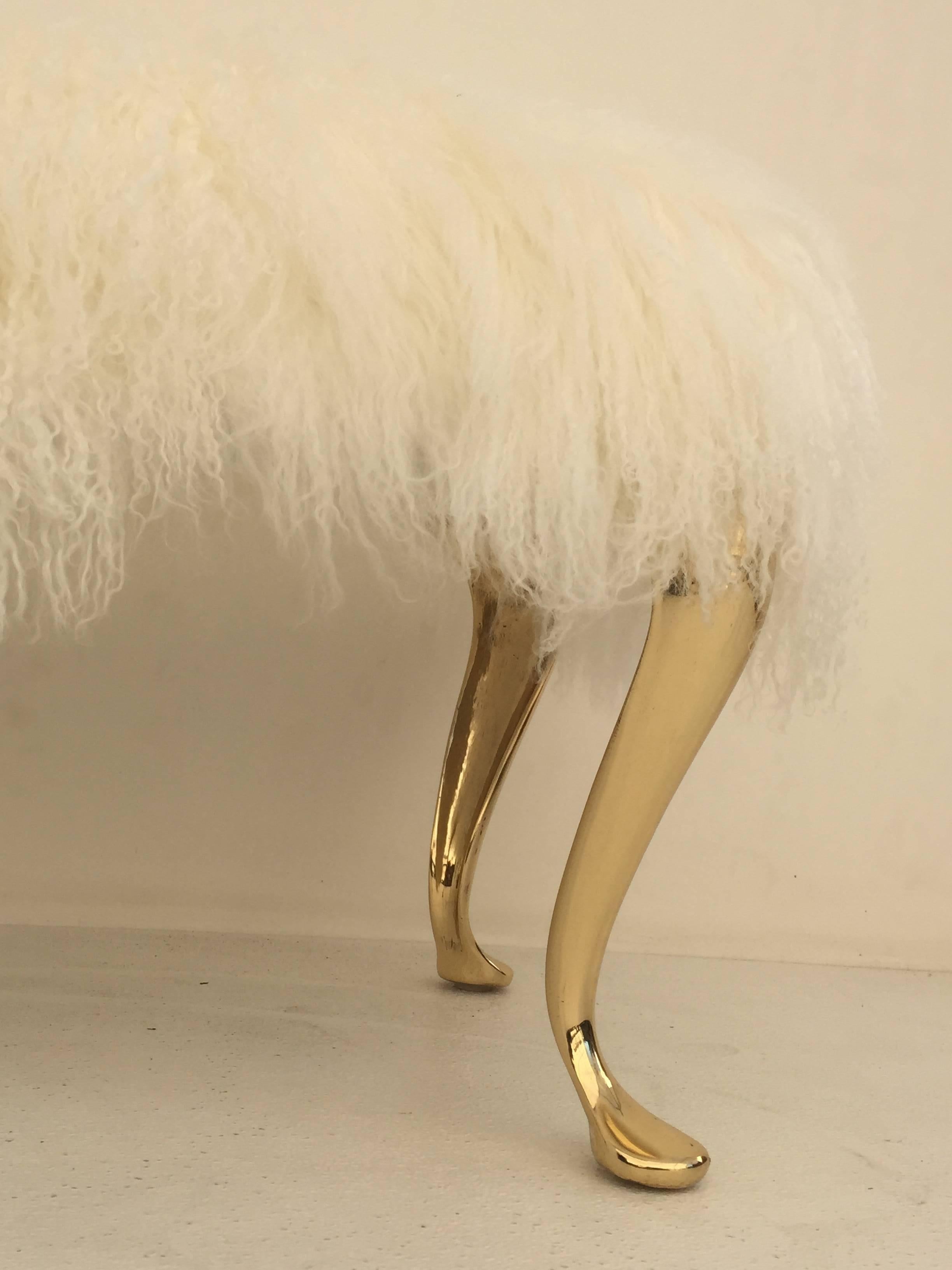 Polished Brass Bench or Footstool in White Mongolian Fur