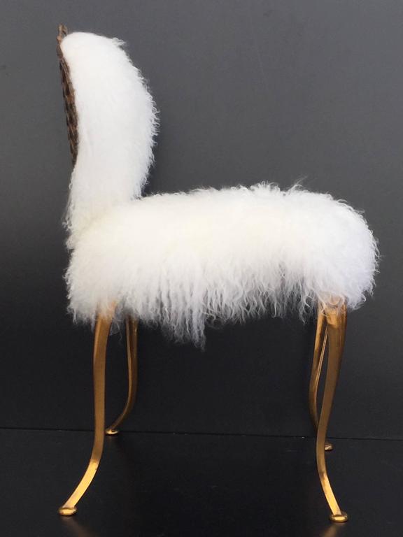 Pair of Brass Thinline Chairs in Mongolian Fur with FleurdeLis Design