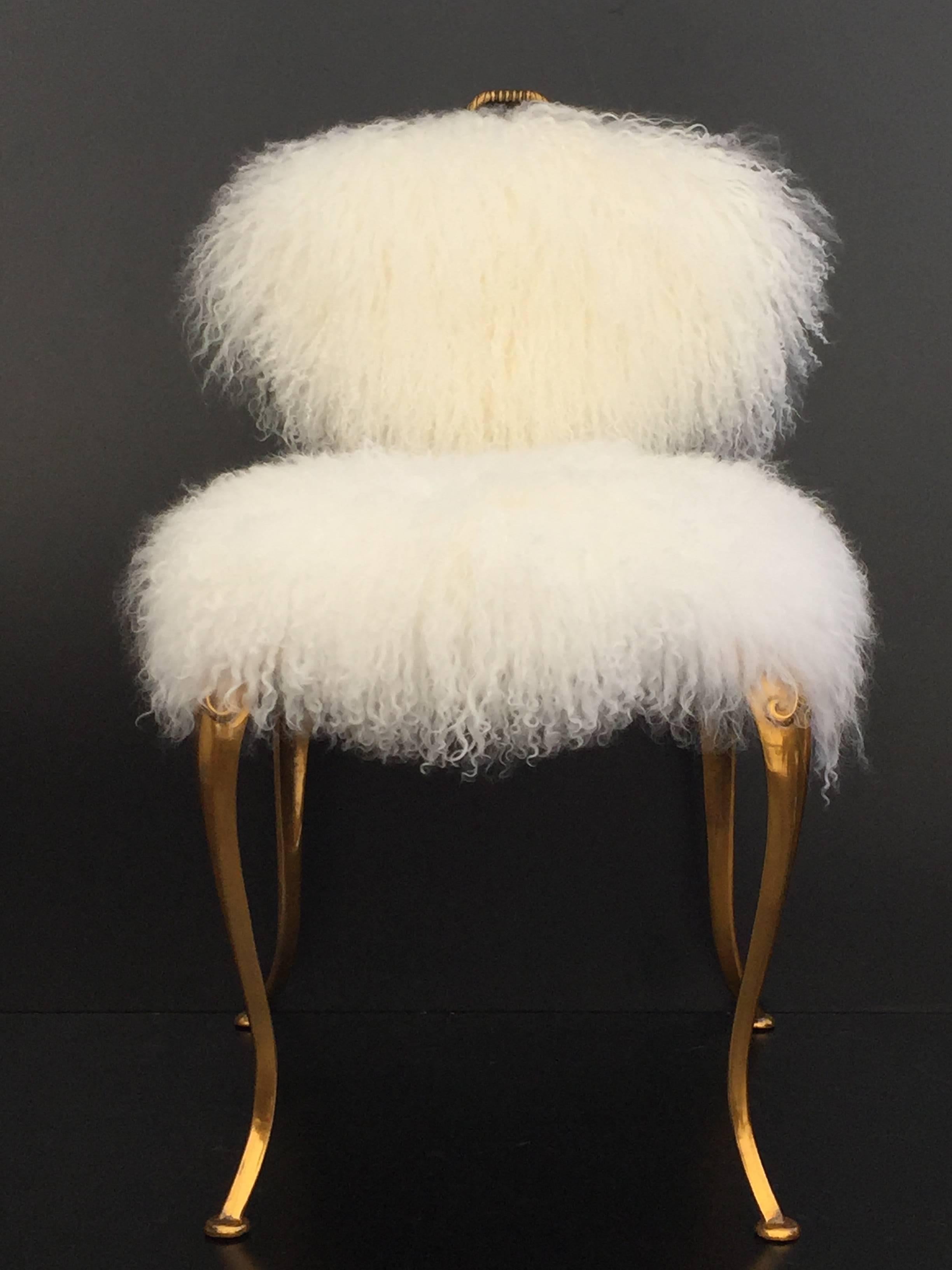 Powder-Coated Pair of Brass Thinline Chairs in Mongolian Fur with Fleur-de-Lis Design