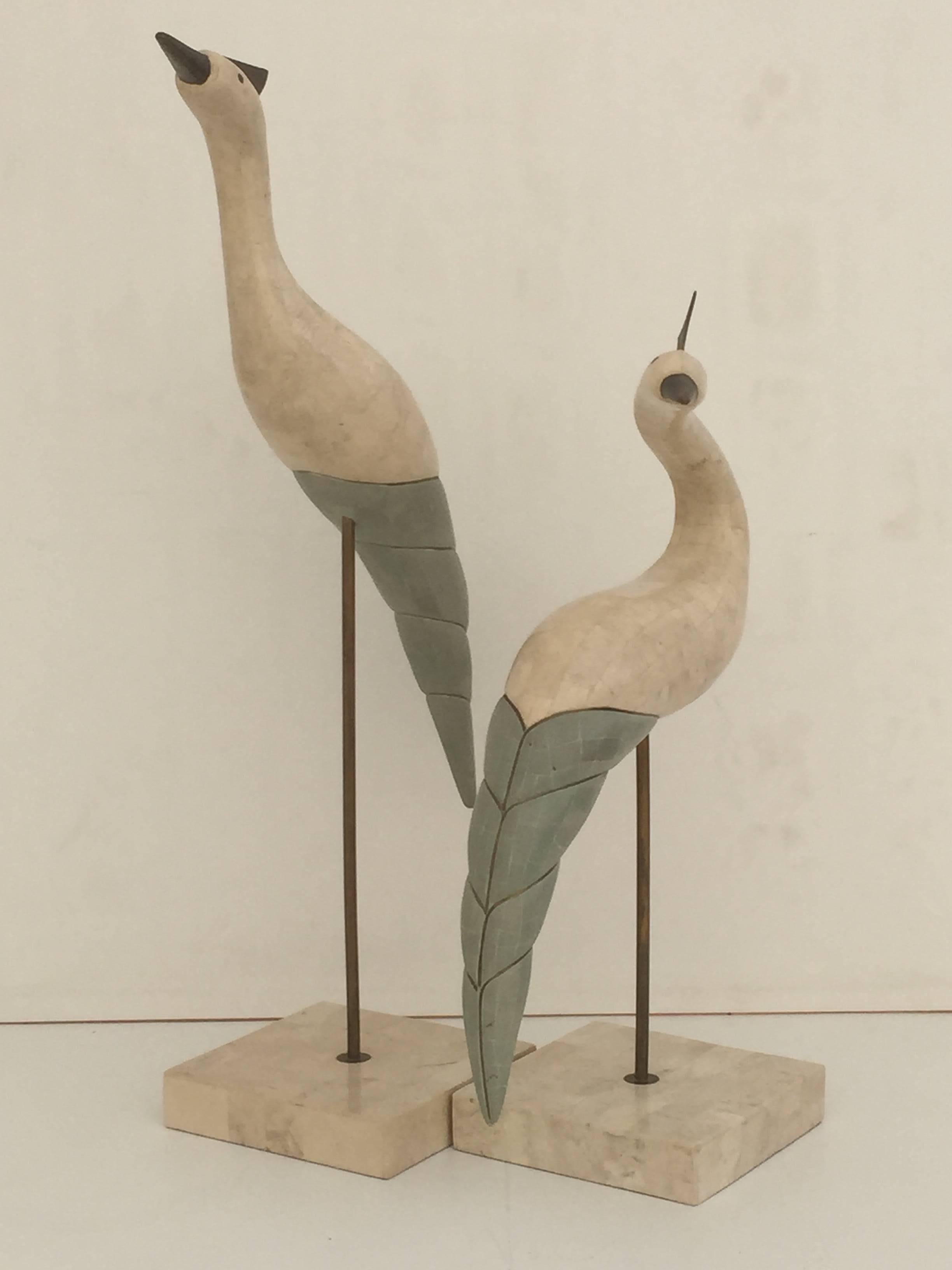 Hollywood Regency Tessellated Stone and Brass Bird Sculptures