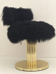 Brass Swiveling Vanity Chair in Black Mongolian Fur