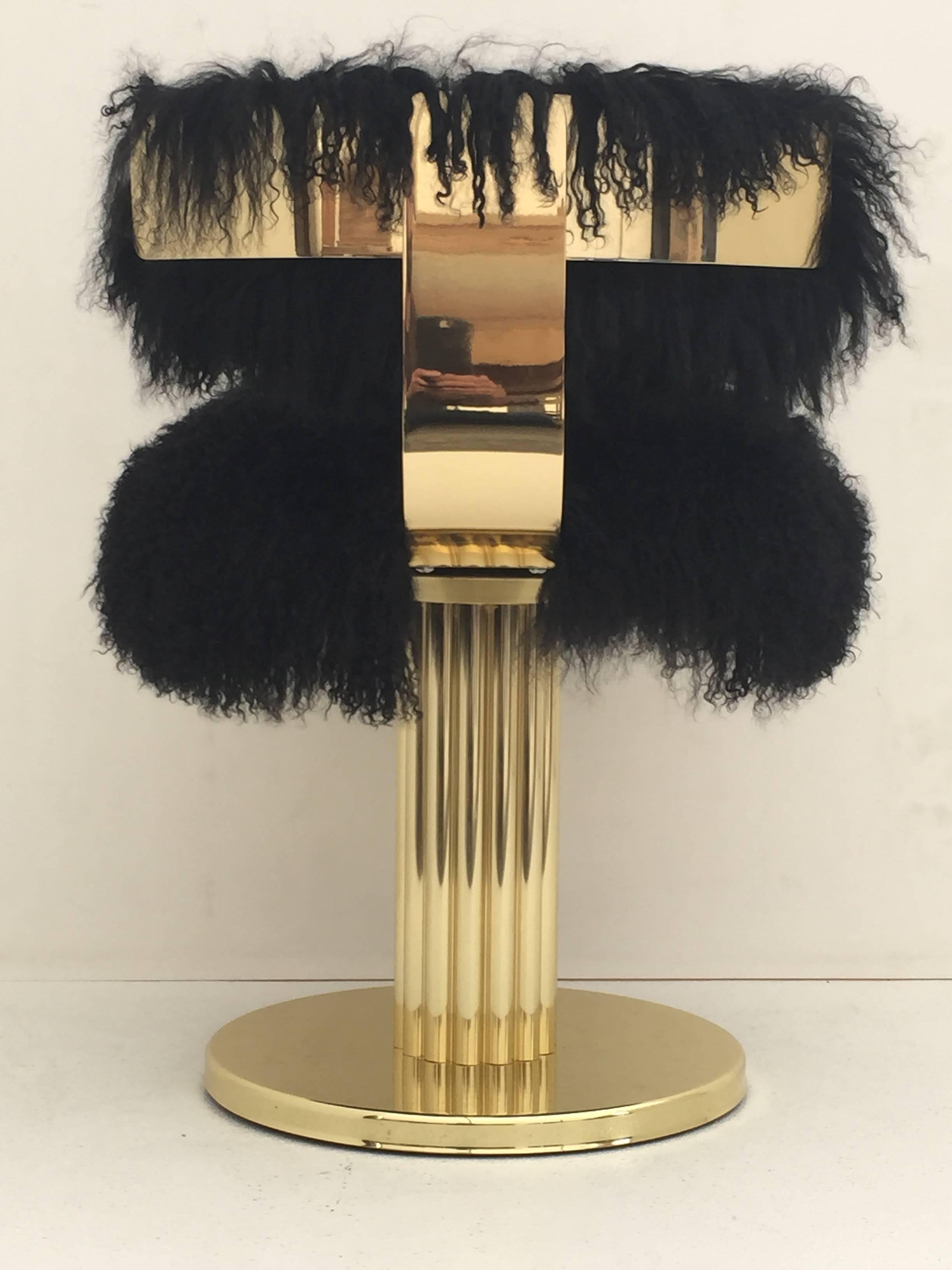 Hollywood Regency Brass Swiveling Vanity Chair in Black Mongolian Fur