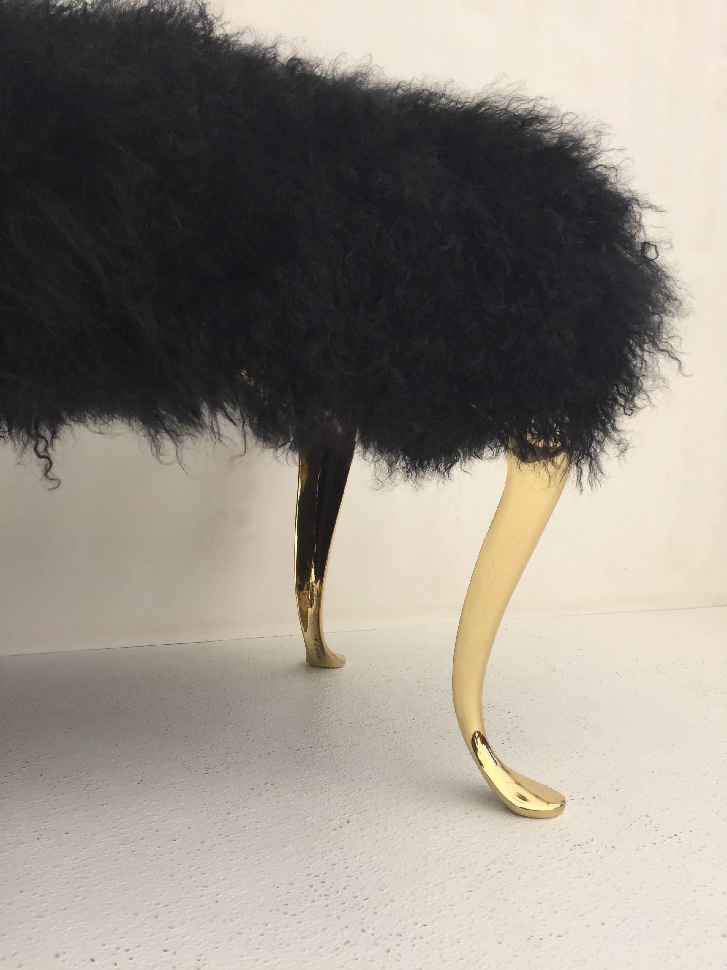 Hollywood Regency Glamorous Black Mongolian Fur Bench with Brass Legs