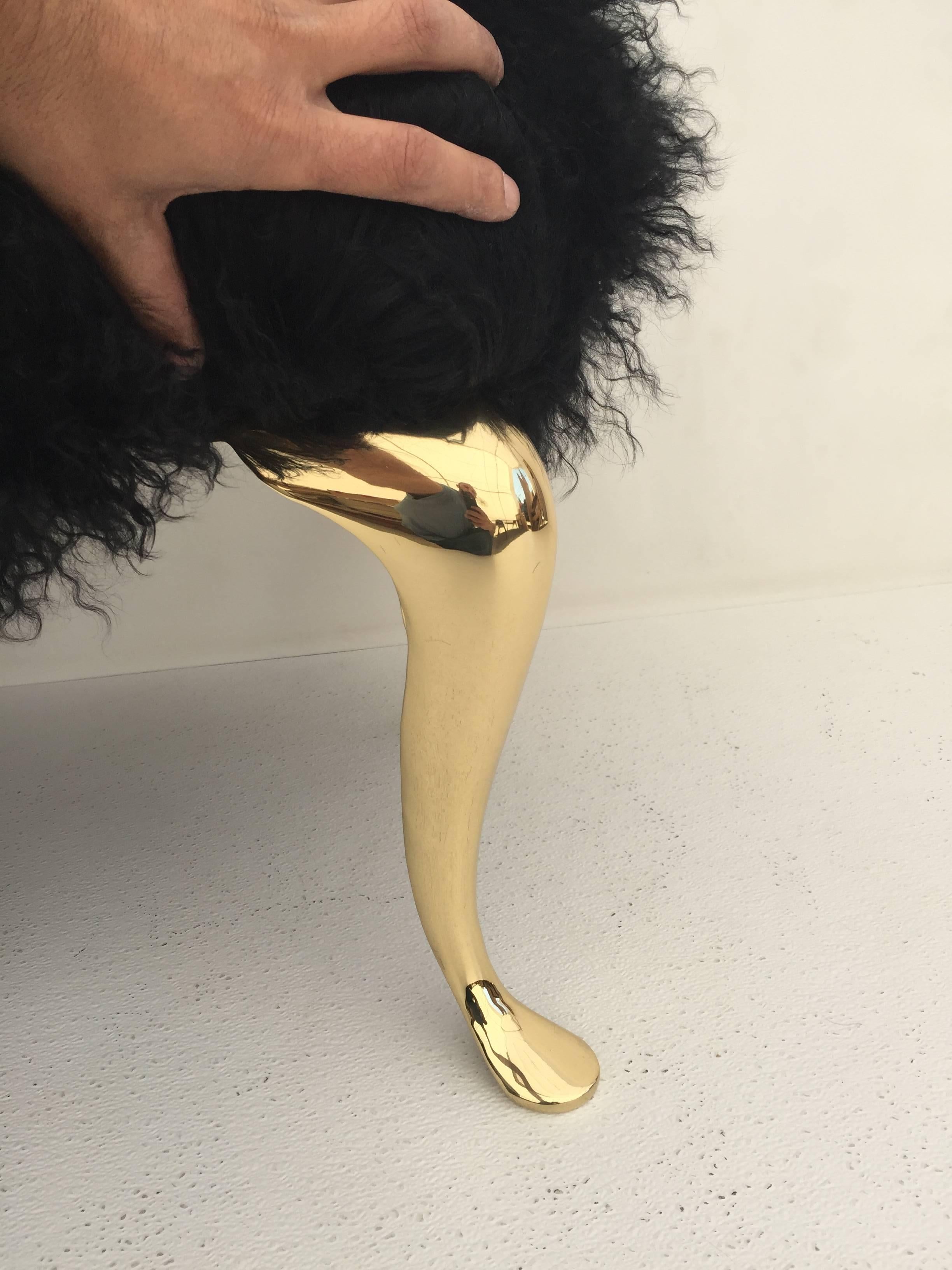 Italian Glamorous Black Mongolian Fur Bench with Brass Legs