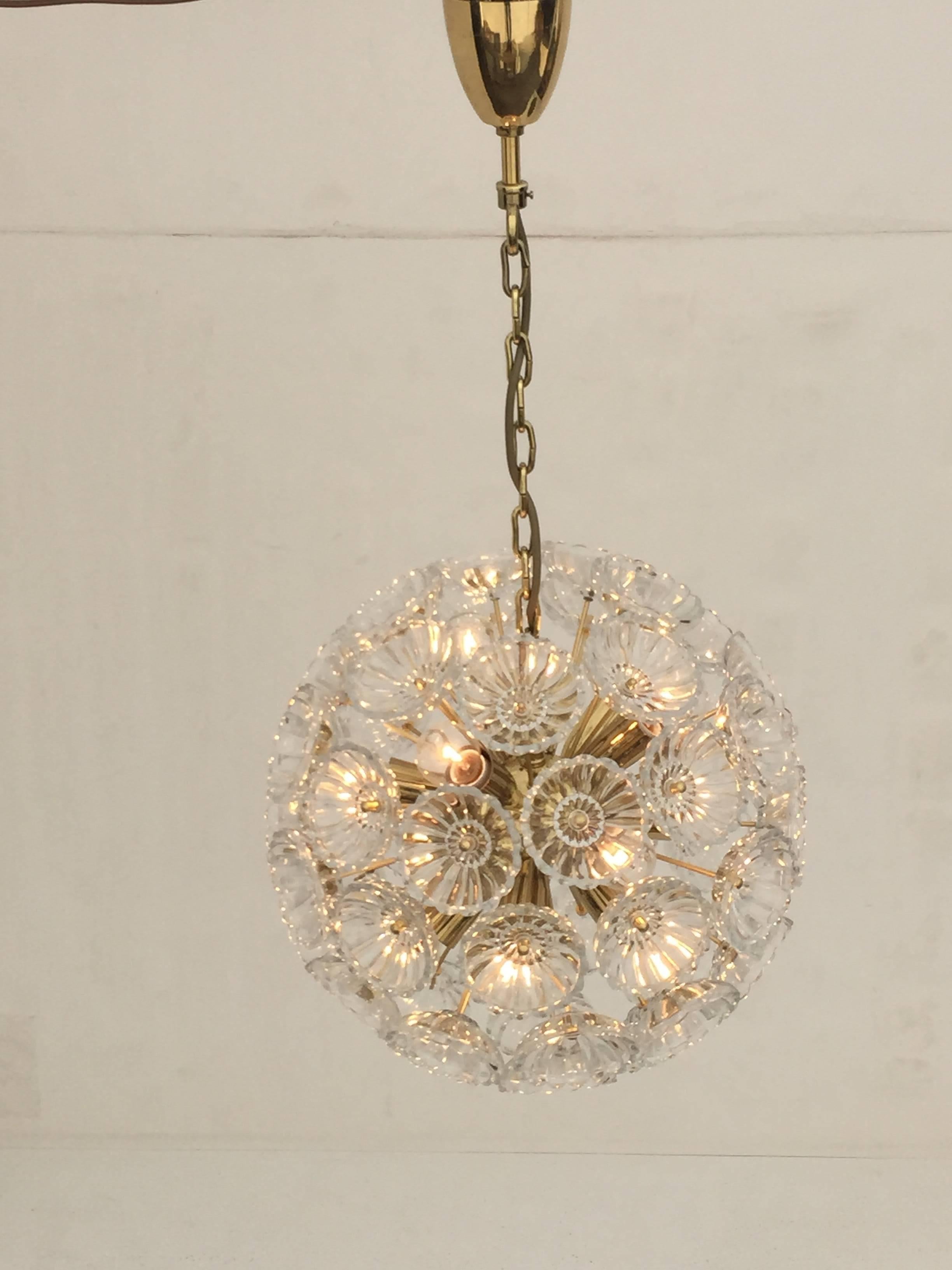 Floral glass and brass Blowball chandelier in the style of Emil Stejnar.
Uses E14 base bulbs up to 40 watt
