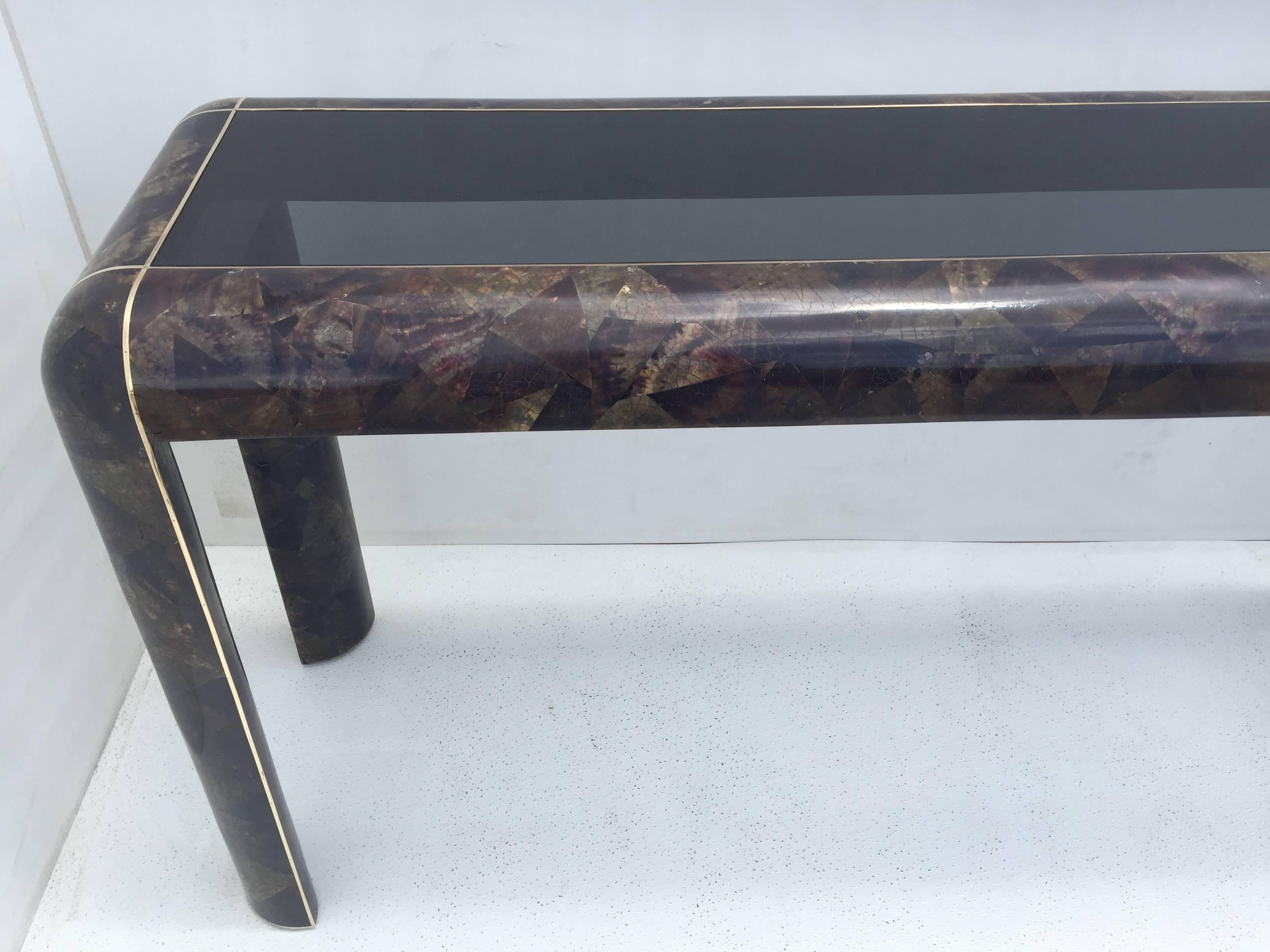 Tessellated Coconut Shell and Brass Sofa Console Table Style or Karl Springer 1