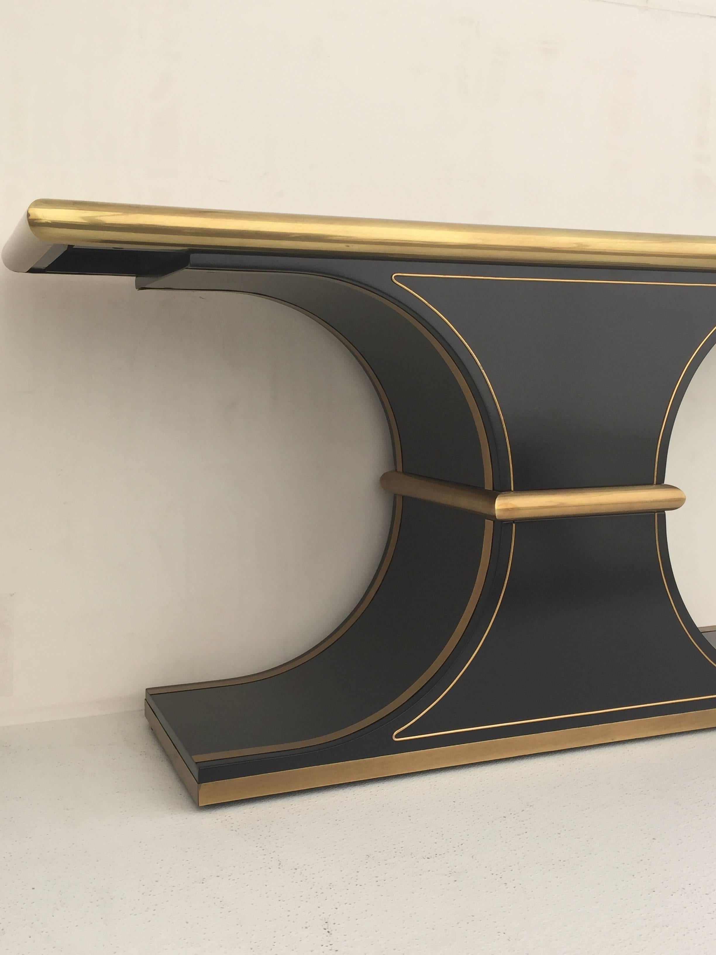 Brass and Black Lacquered Console Table by Mastercraft 1