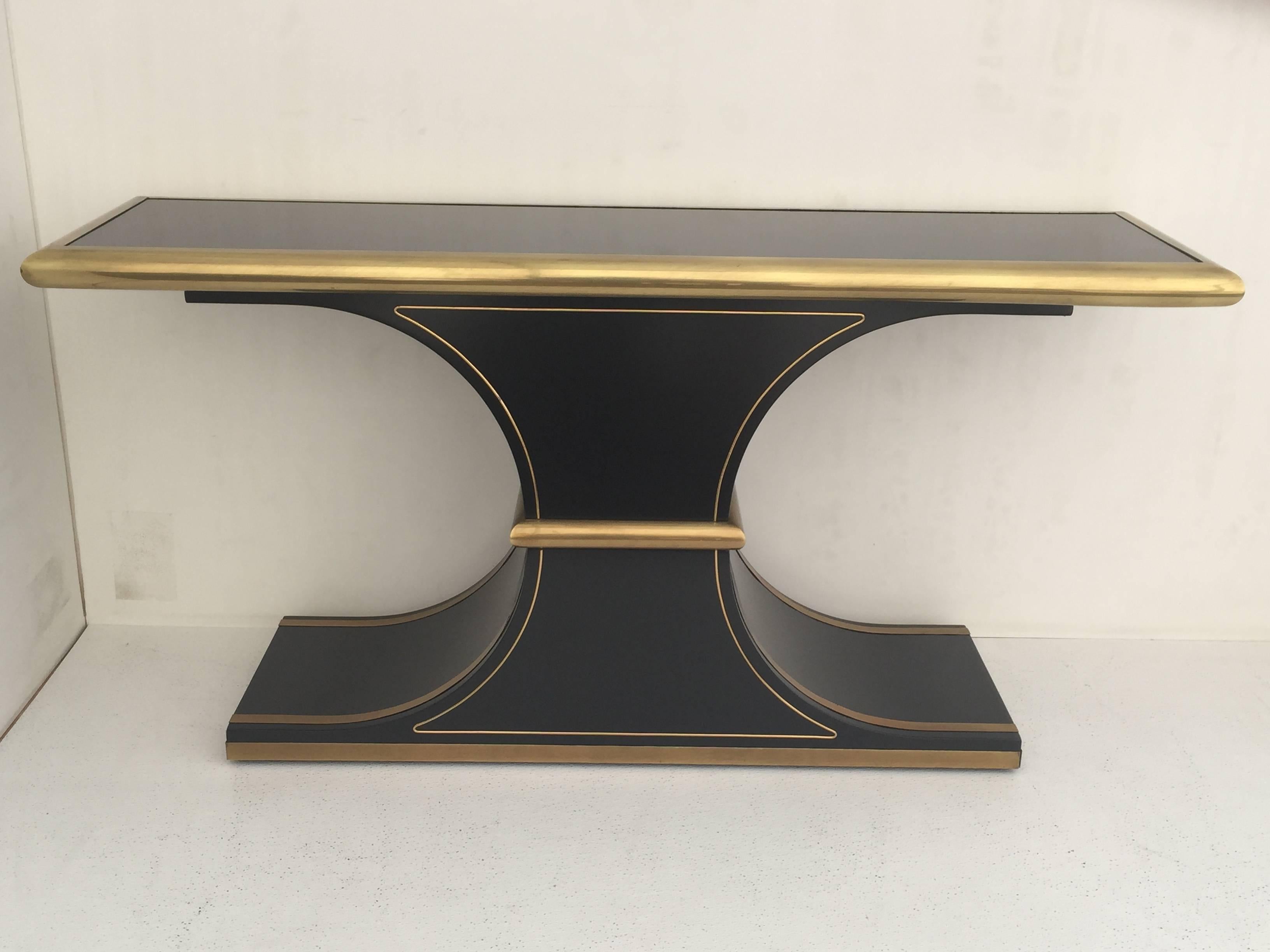 Mastercraft brass and black lacquered console/sofa table.