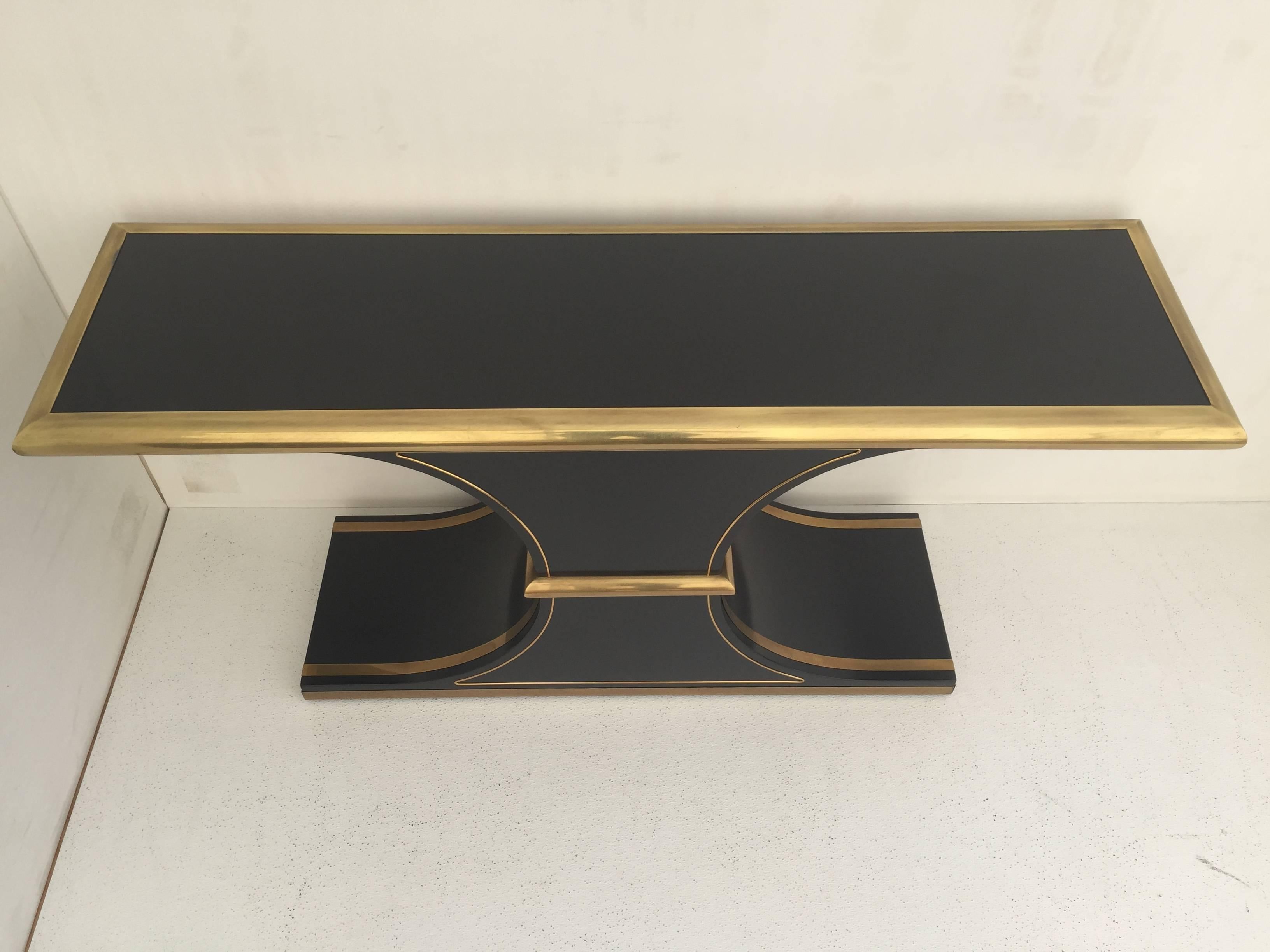 American Brass and Black Lacquered Console Table by Mastercraft
