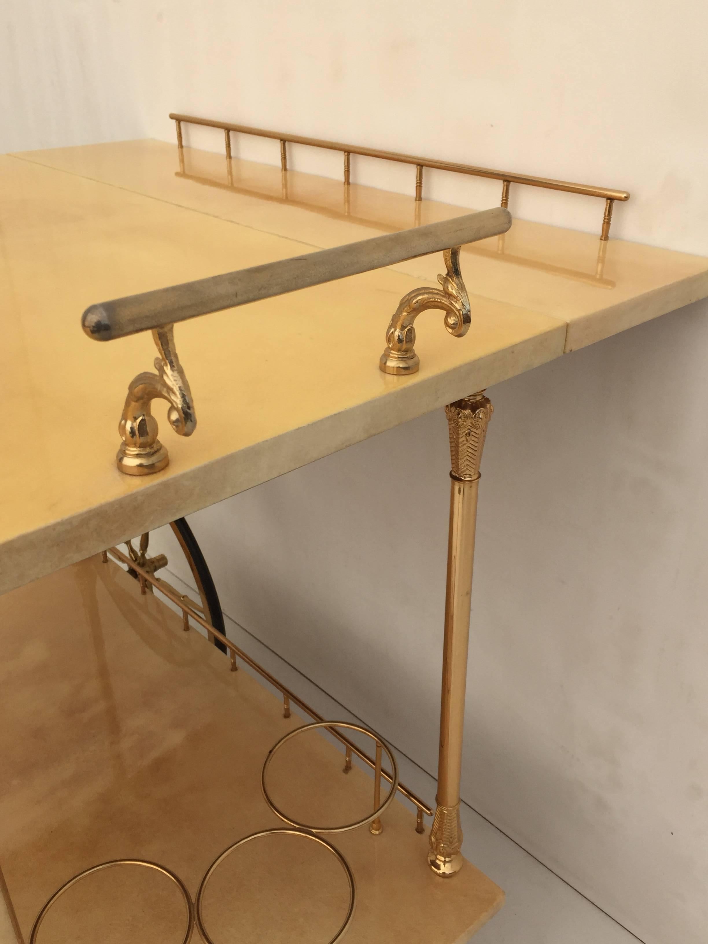 Aldo Tura Parchment Drop-Leaf Bar Cart In Excellent Condition For Sale In North Hollywood, CA