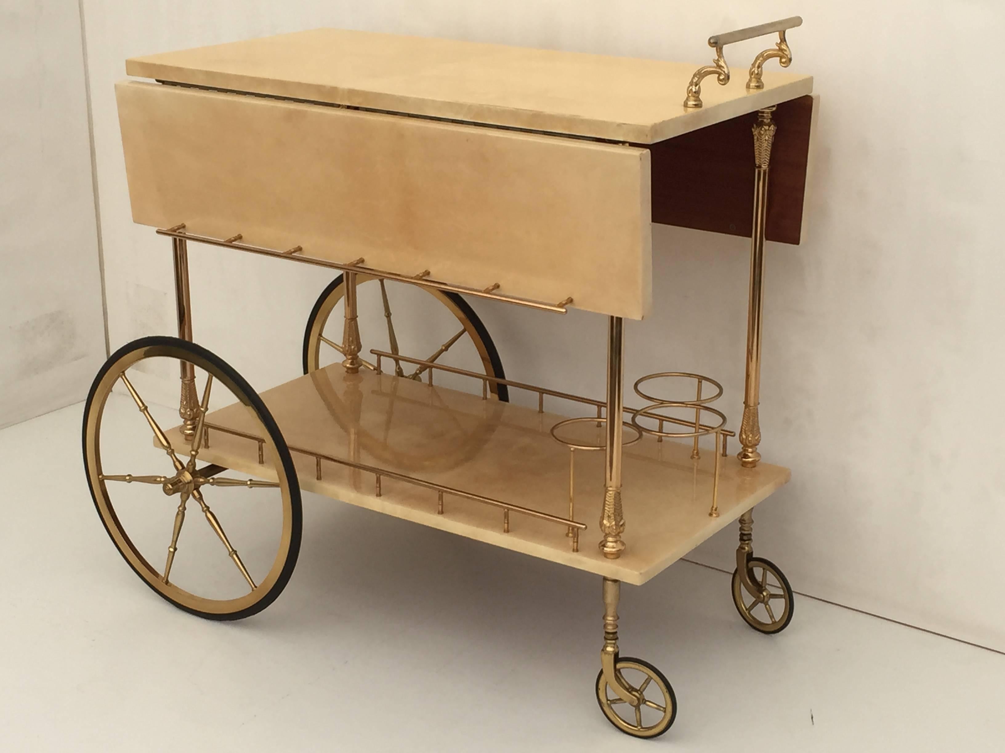 Hollywood Regency Aldo Tura Parchment Drop-Leaf Bar Cart For Sale
