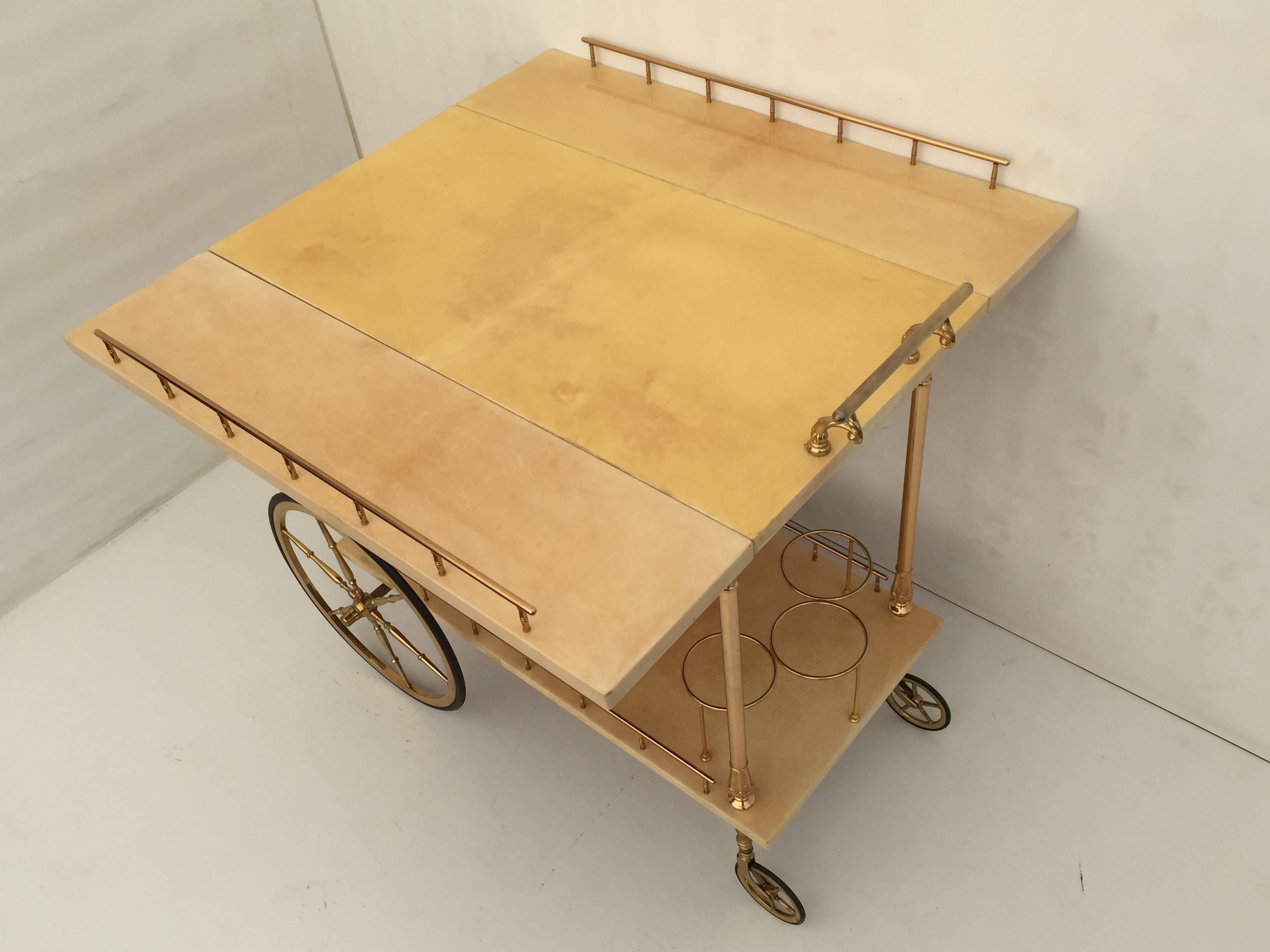Italian Aldo Tura Parchment Drop-Leaf Bar Cart For Sale