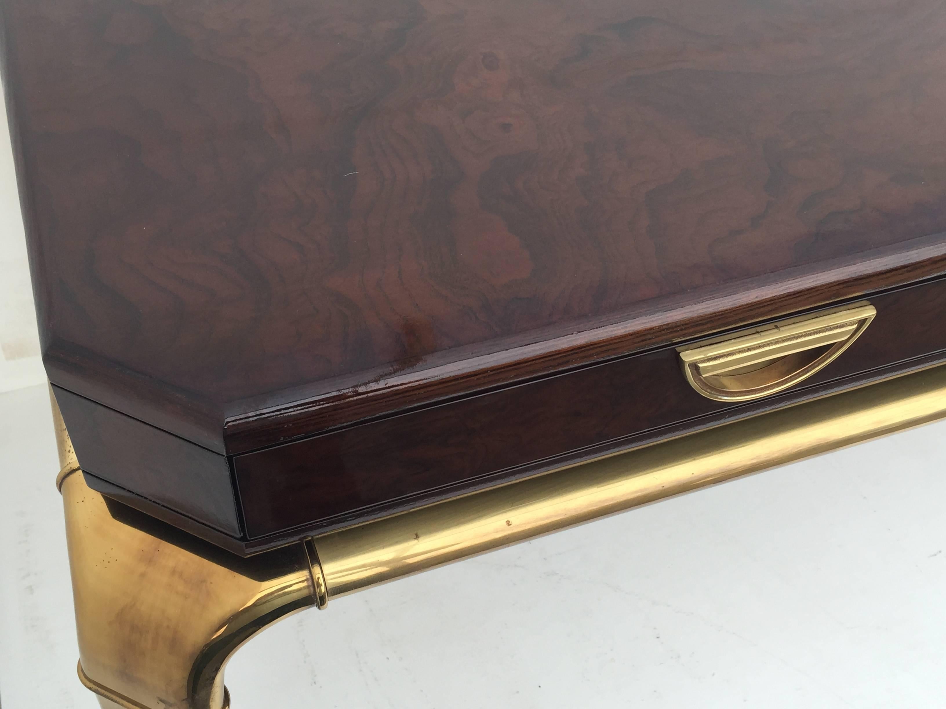 American Glamorous Brass and Burl Wood Desk by John Widdicomb