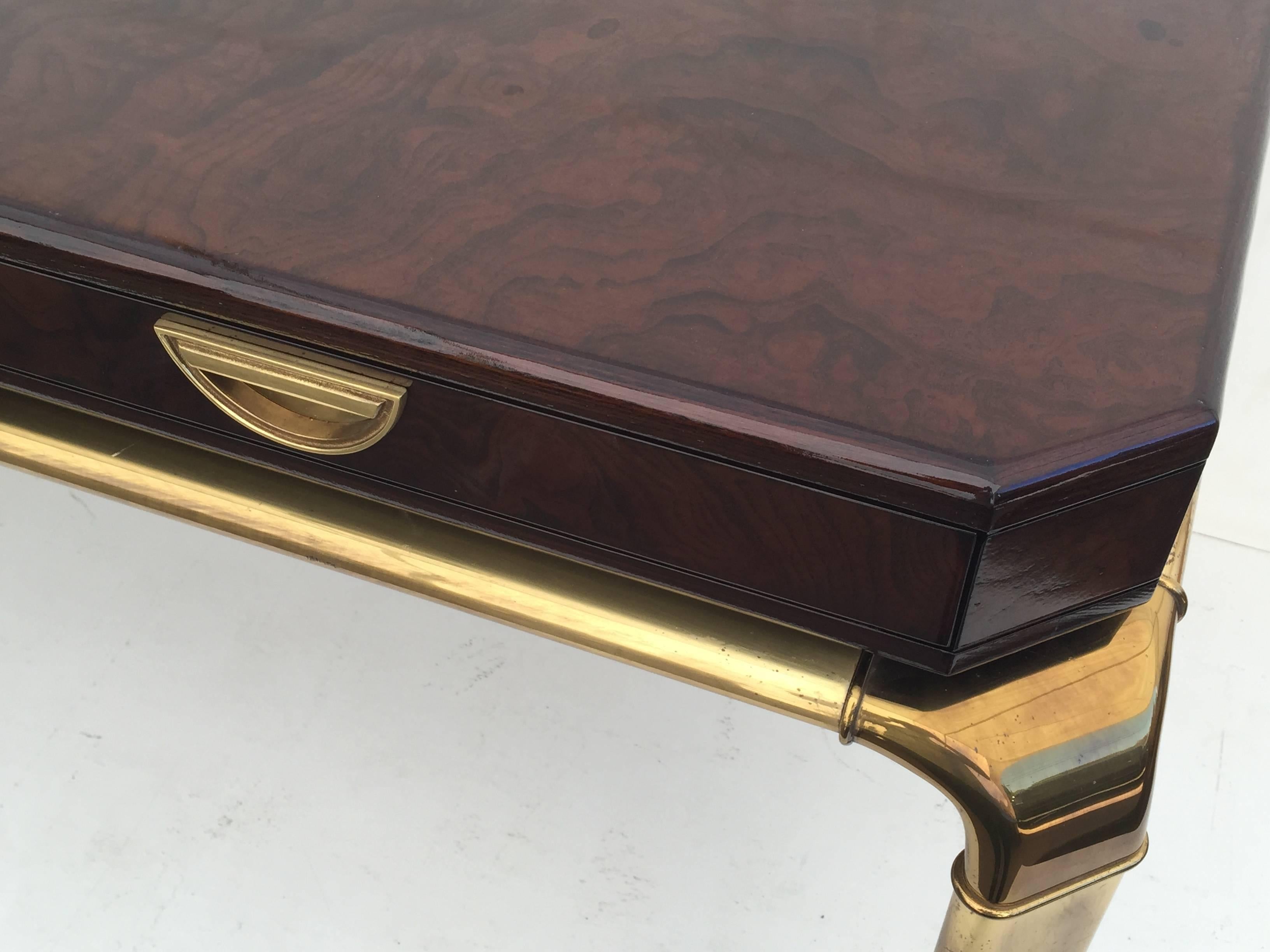 Lacquered Glamorous Brass and Burl Wood Desk by John Widdicomb