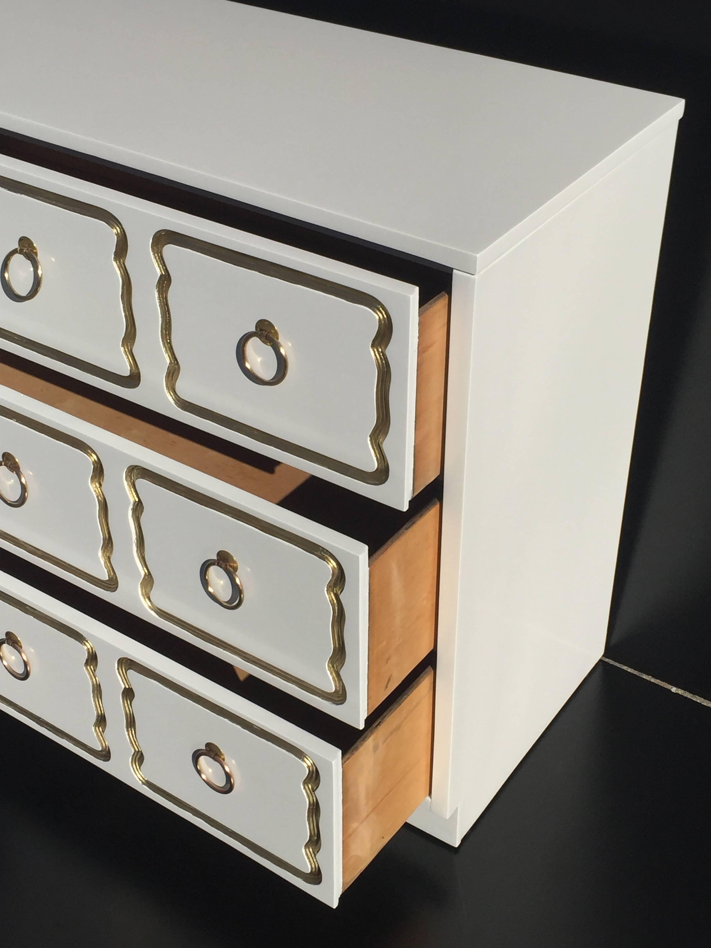 American Dorothy Draper Style Chest in Cream Lacquer and Gold