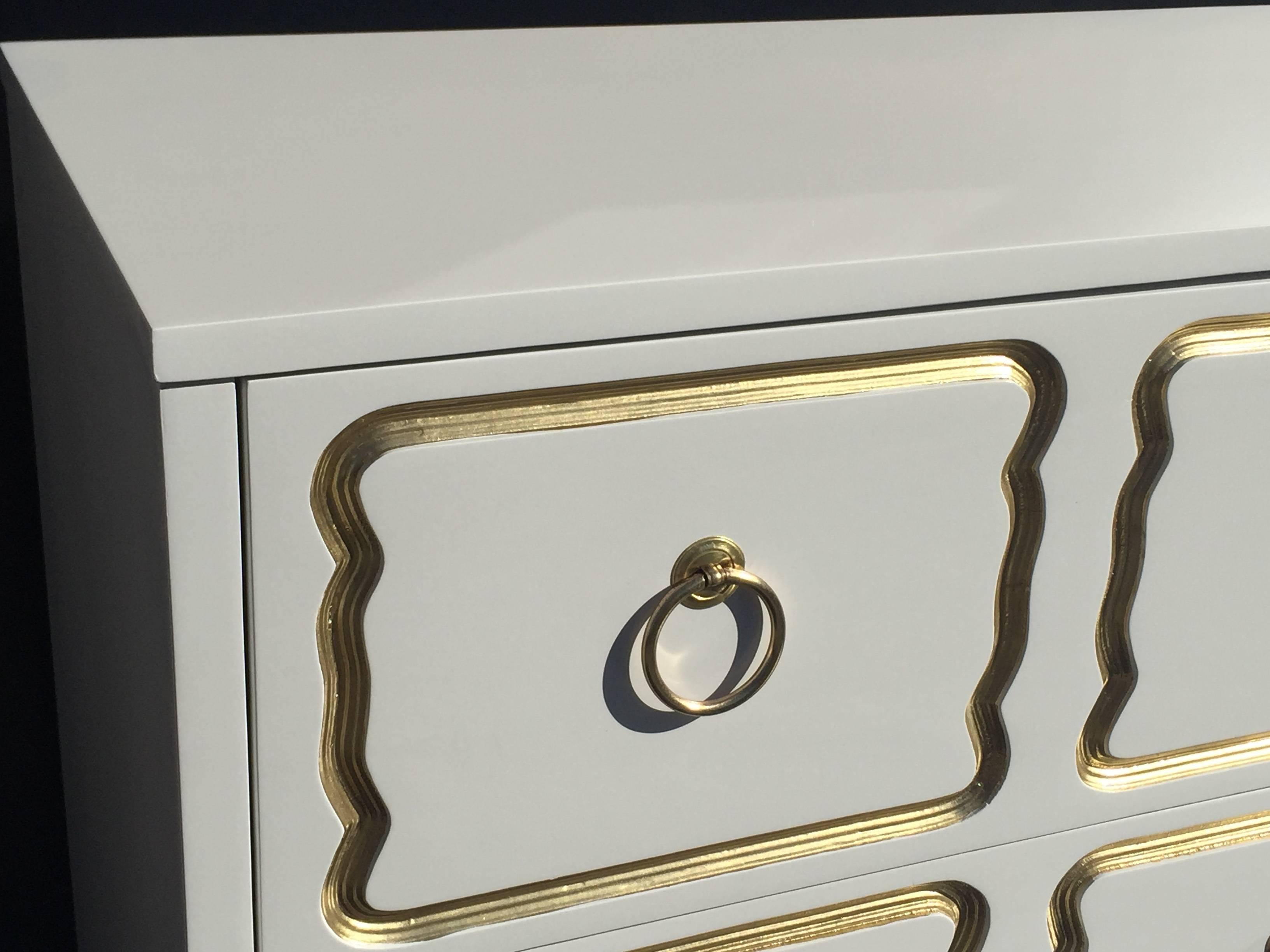 Hollywood Regency Dorothy Draper Style Chest in Cream Lacquer and Gold