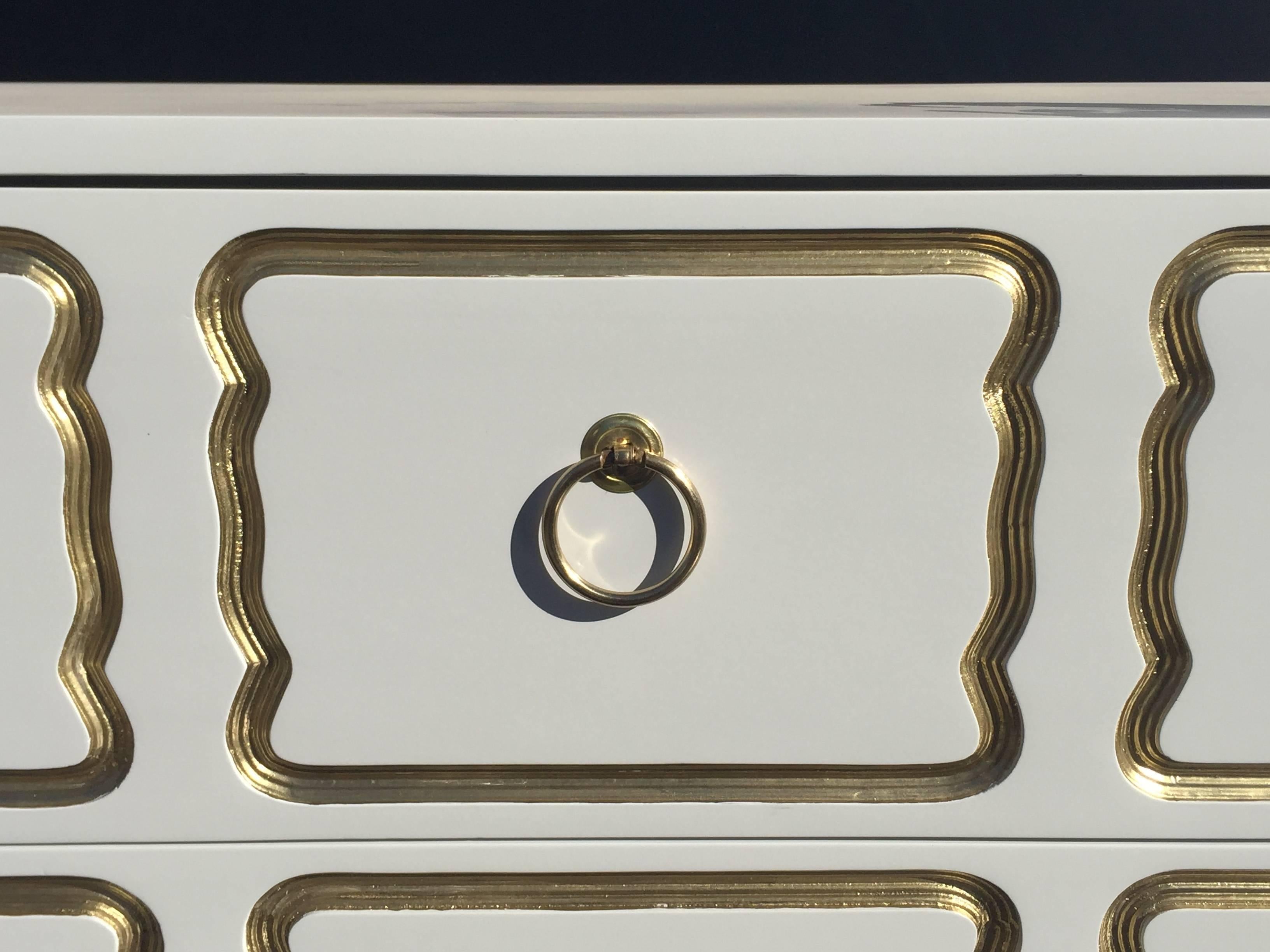 Dorothy Draper Style Chest in Cream Lacquer and Gold In Excellent Condition In North Hollywood, CA