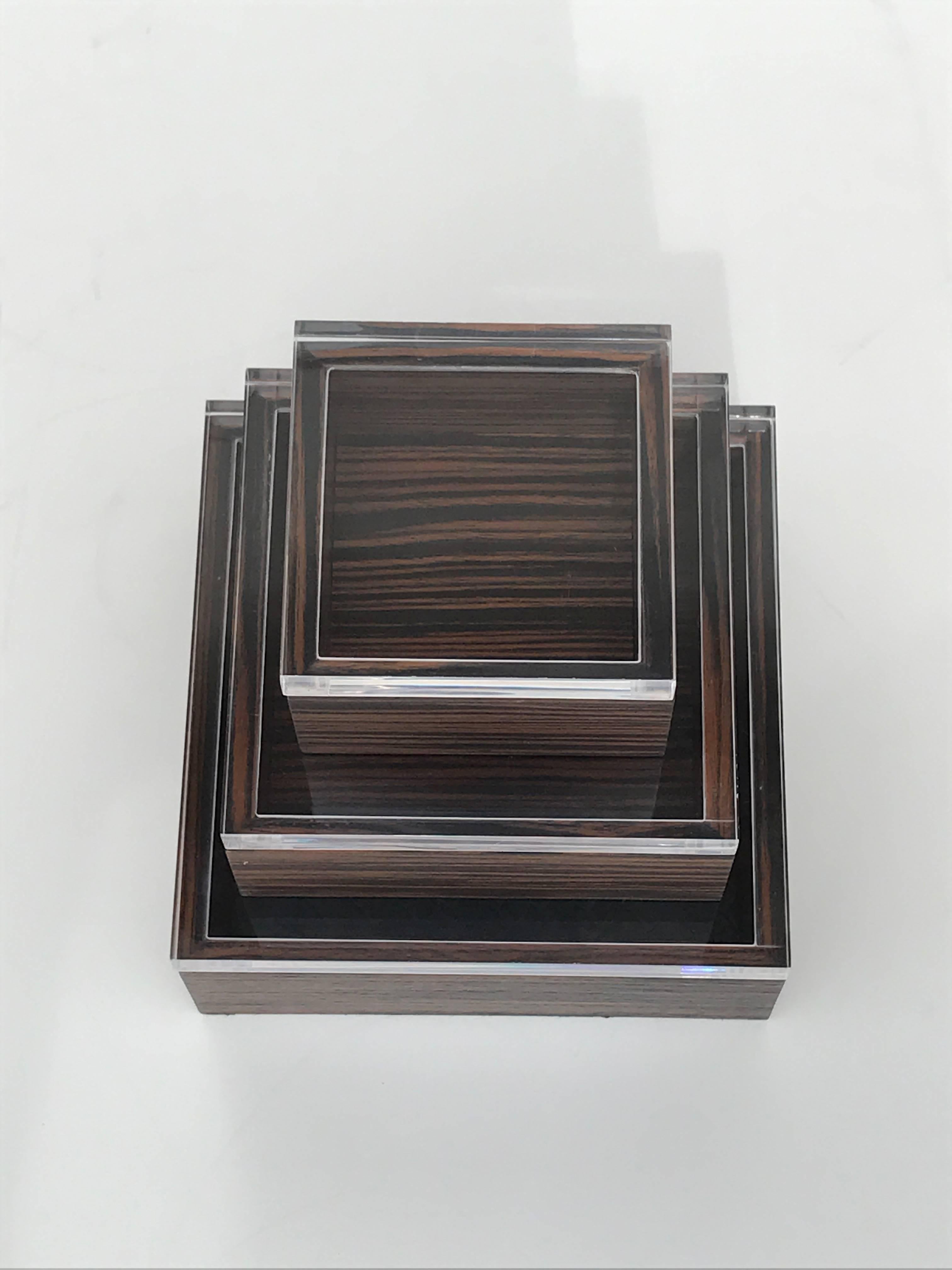 Hollywood Regency Set of Three Macassar Ebony and Lucite Jewelry Boxes For Sale