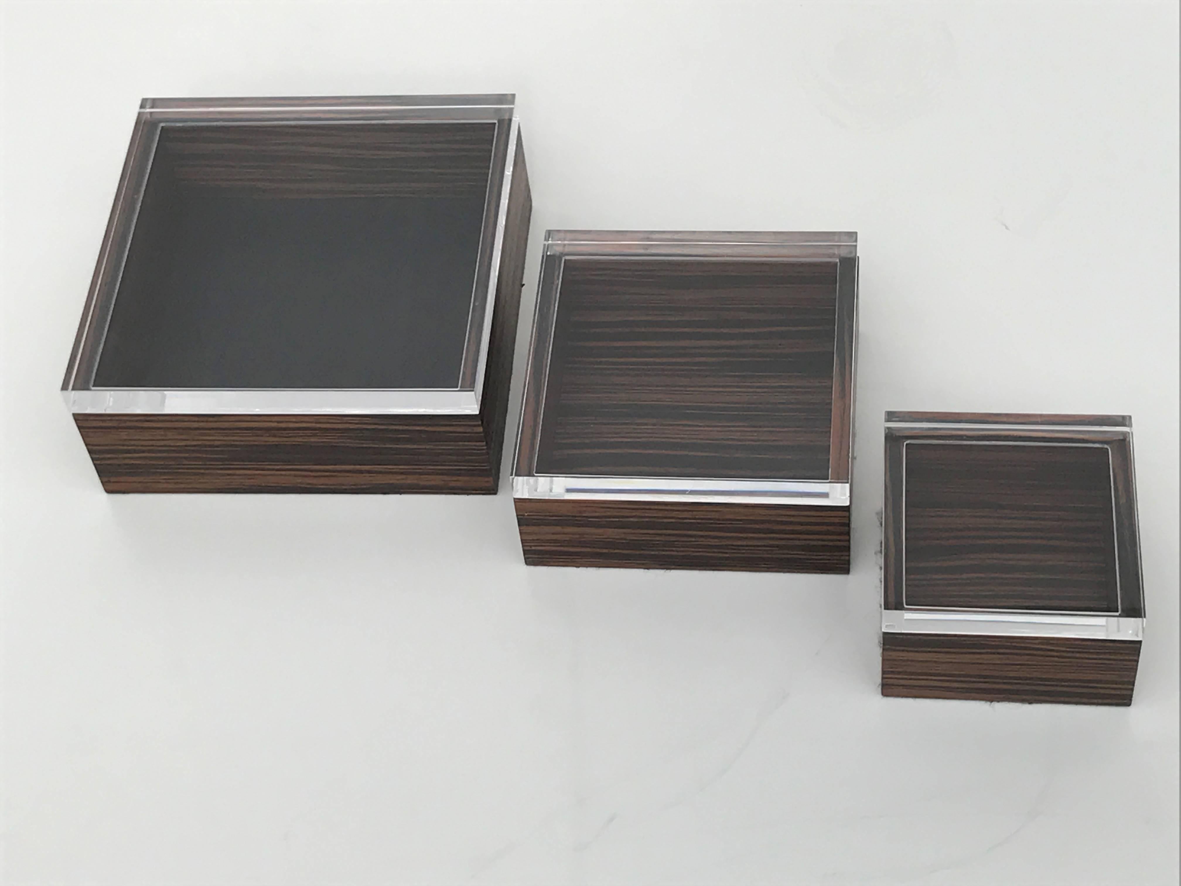 American Set of Three Macassar Ebony and Lucite Jewelry Boxes For Sale