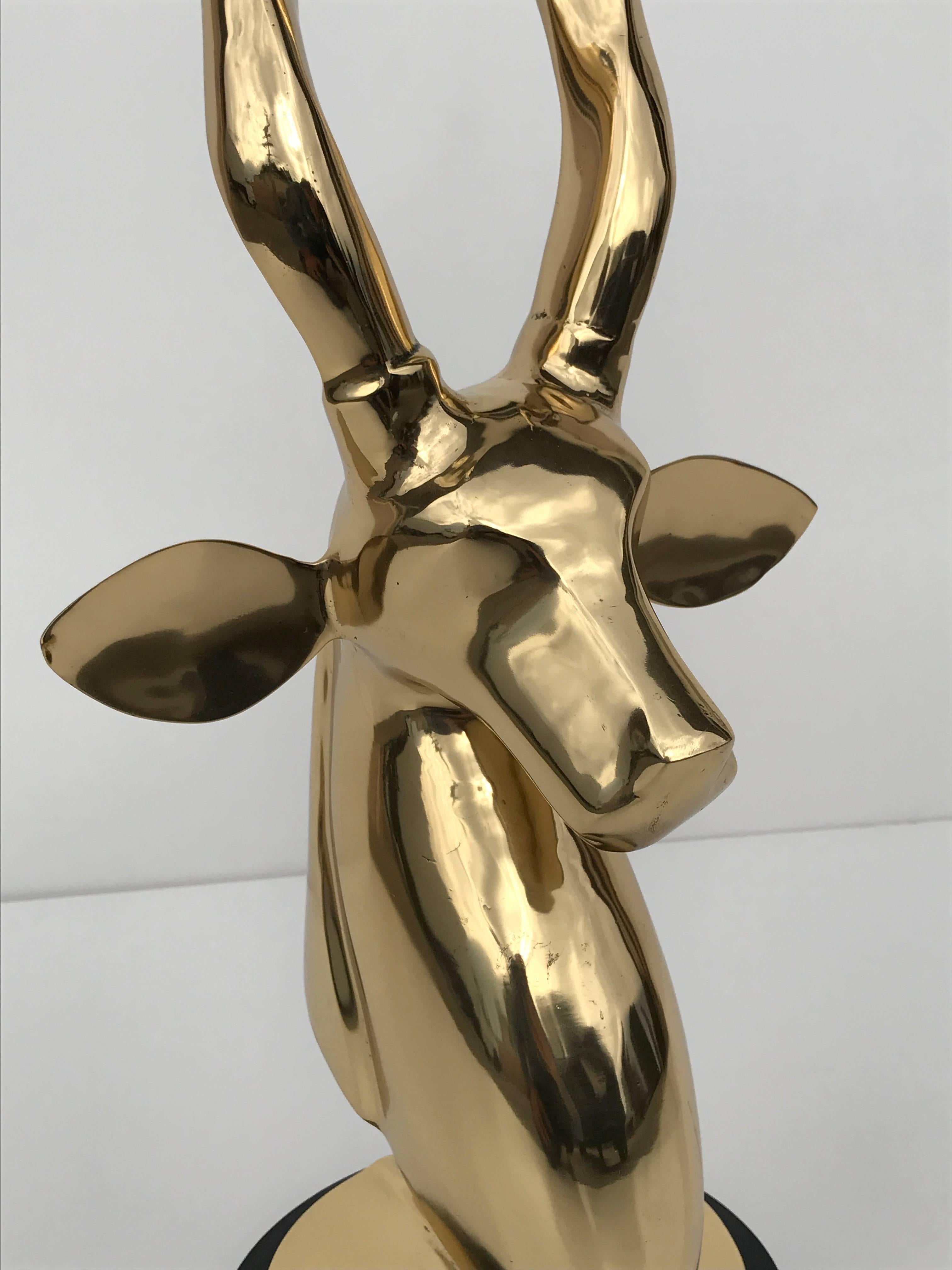 Hollywood Regency Polished Brass Kudu or Impala Sculpture Bust on Black Lucite Base