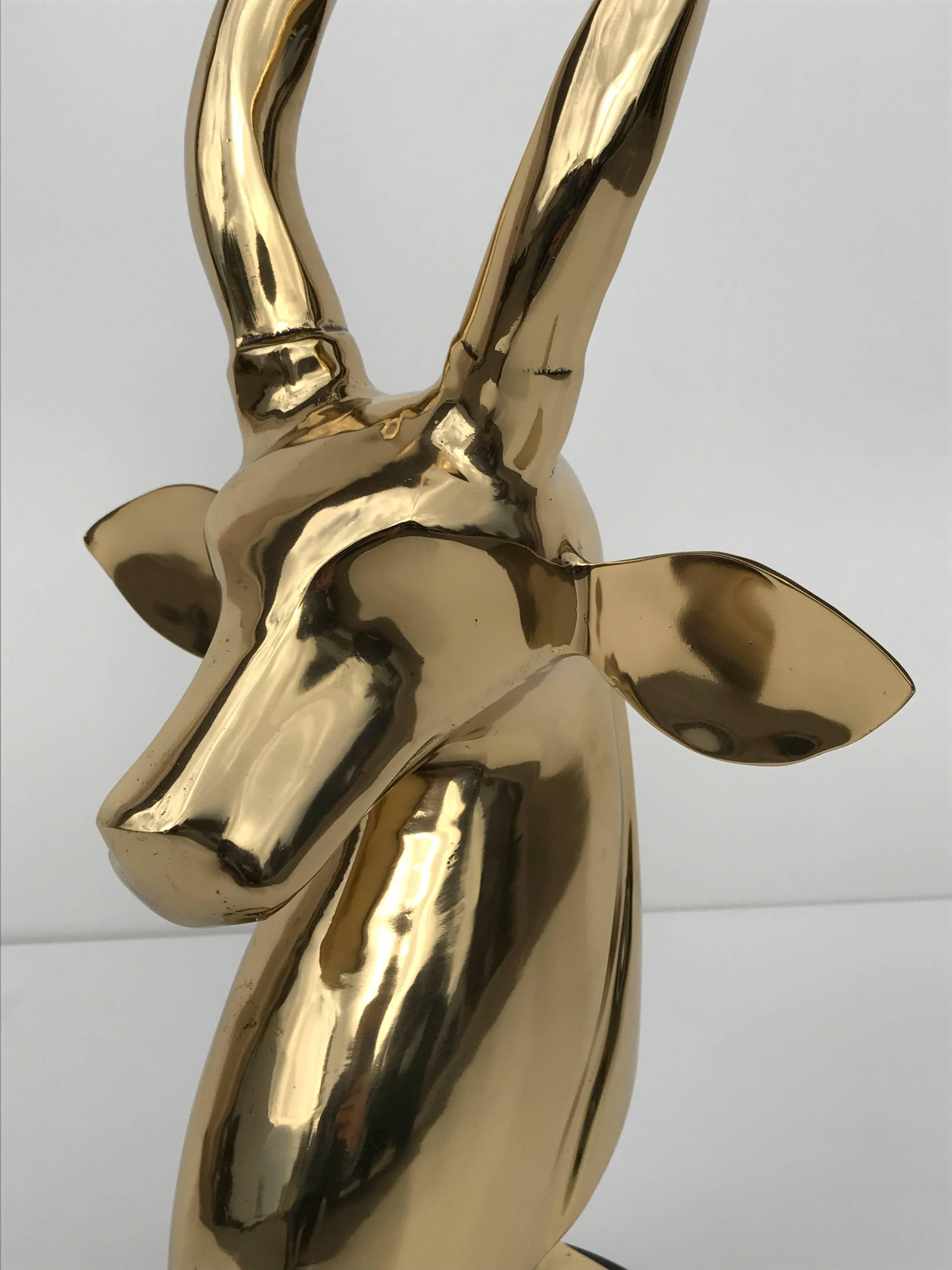 Unknown Polished Brass Kudu or Impala Sculpture Bust on Black Lucite Base
