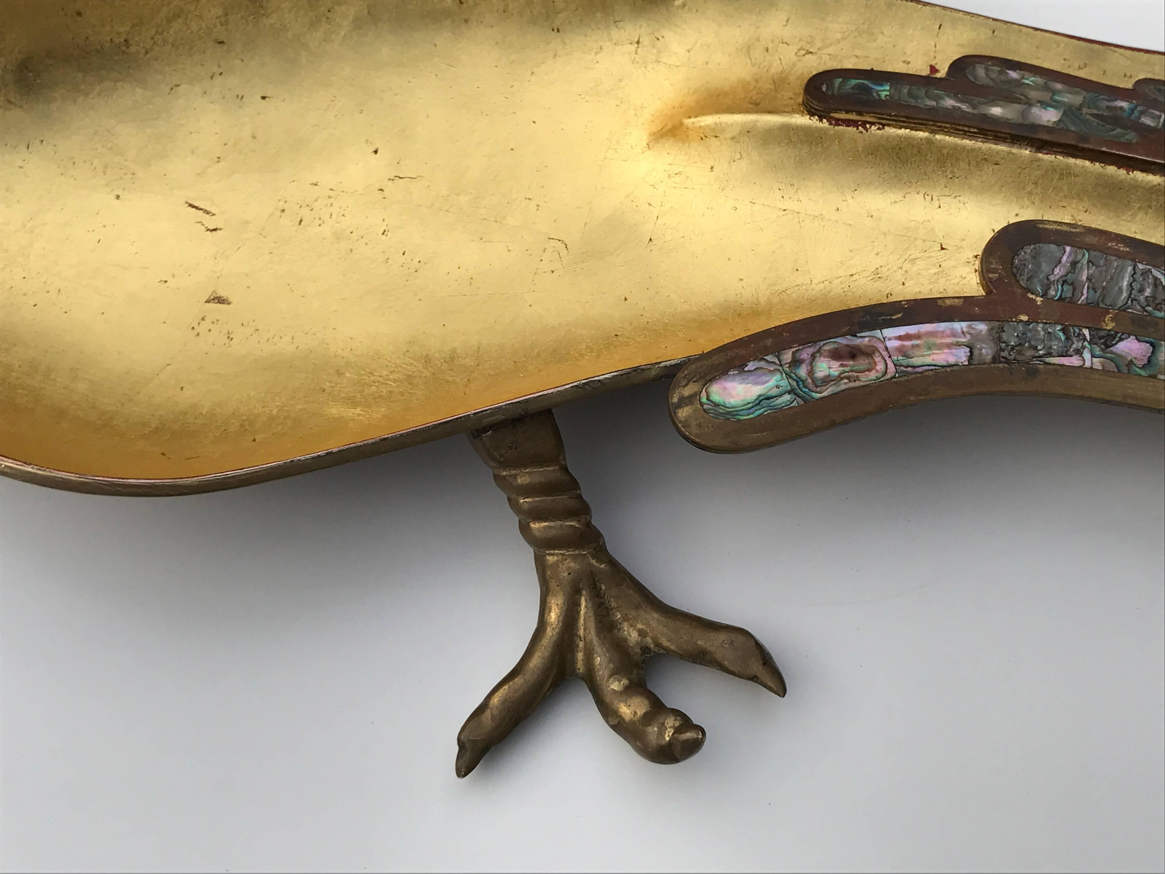 Parrot dish by Los Castillos Mexico.
Designed by Emilio Castillo made of mixed metals, gold leaf and abalone shell.