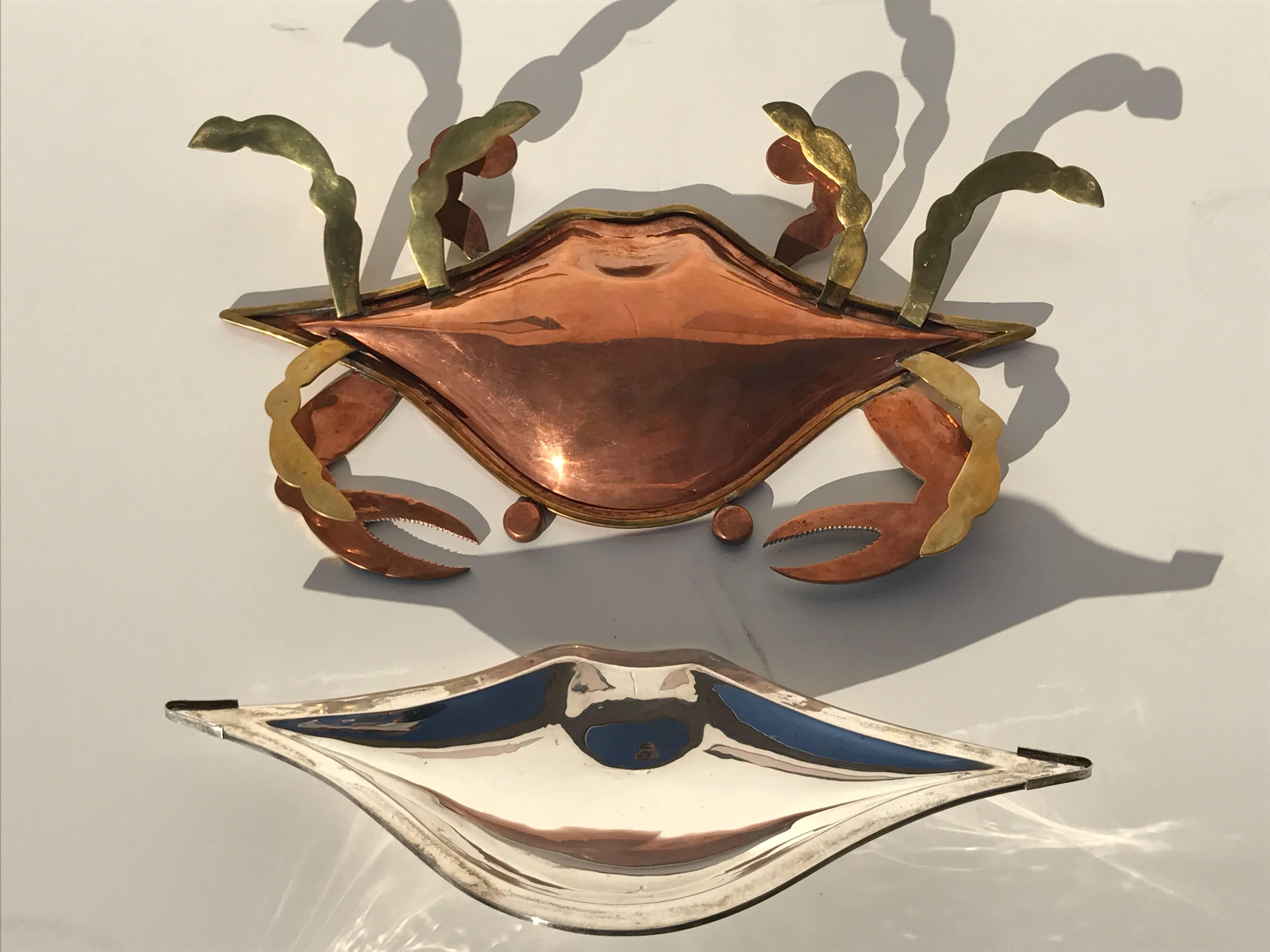 Hollywood Regency Mexican Brass and Copper Crab Dish by Los Castillo with Lid For Sale
