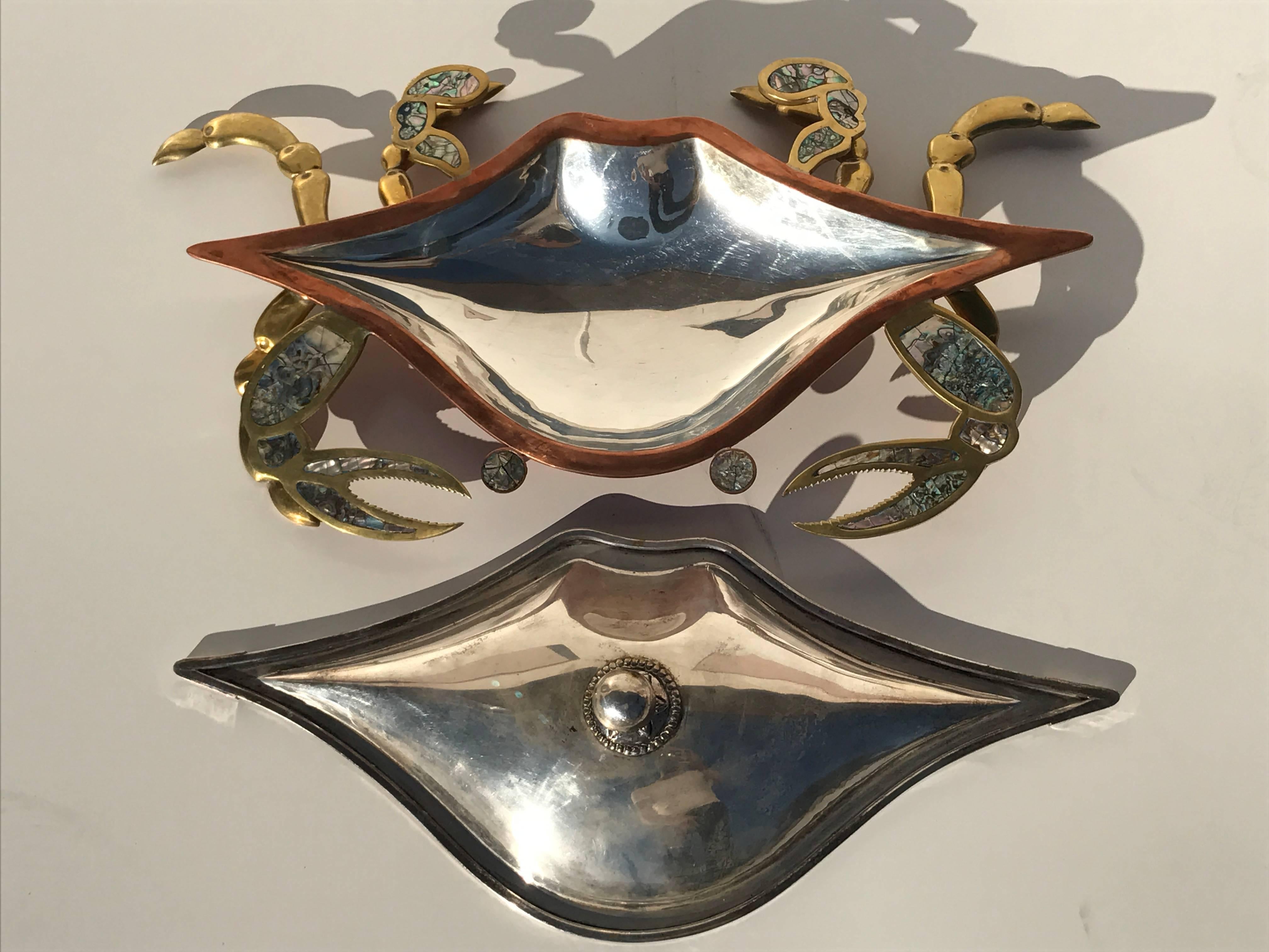 Mexican brass copper and abalone crab dish by Los Castillo with lid.