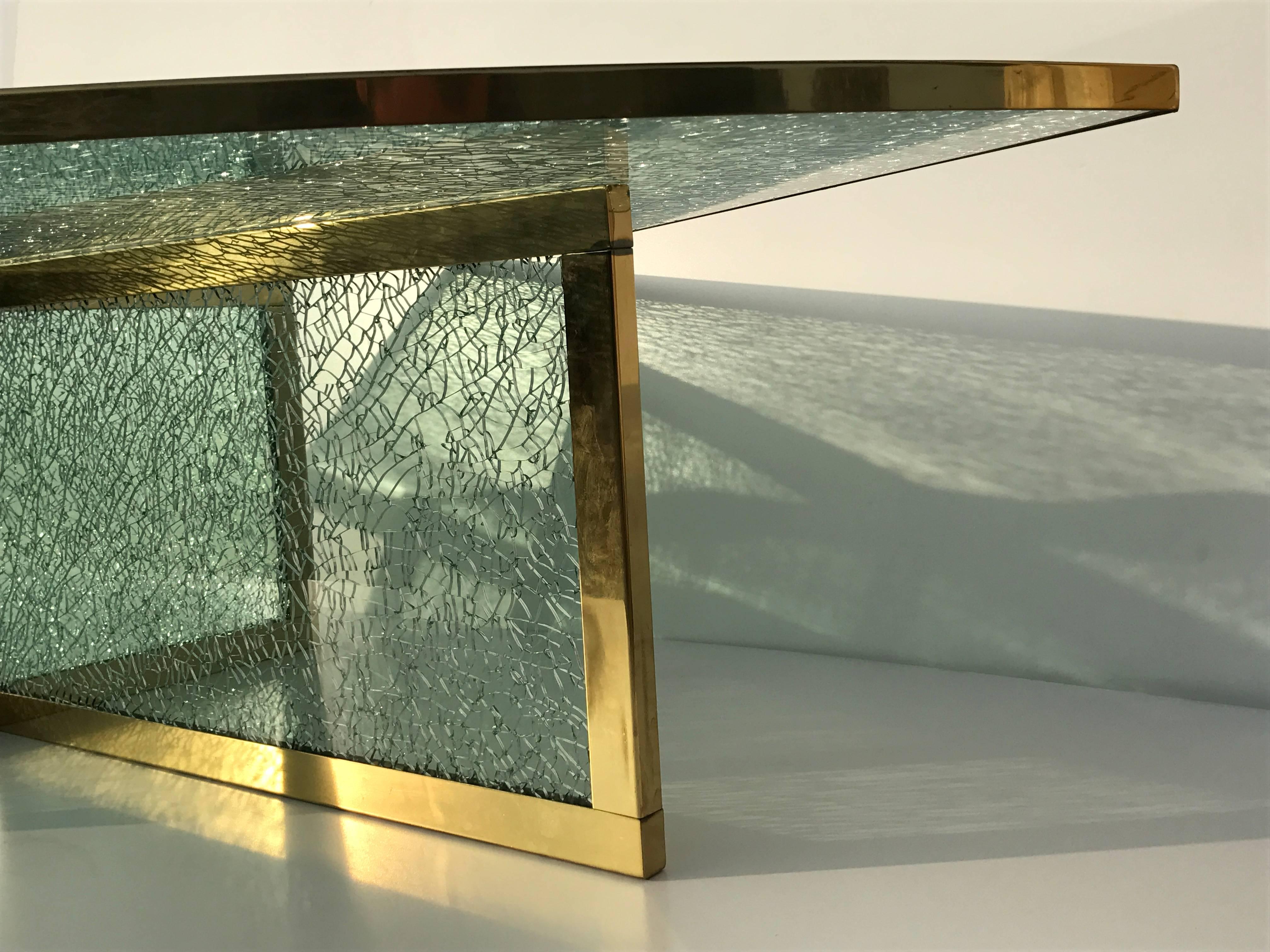 Mid-Century Modern Massive Steve Chase Designed Crackled Glass and Brass Coffee Table