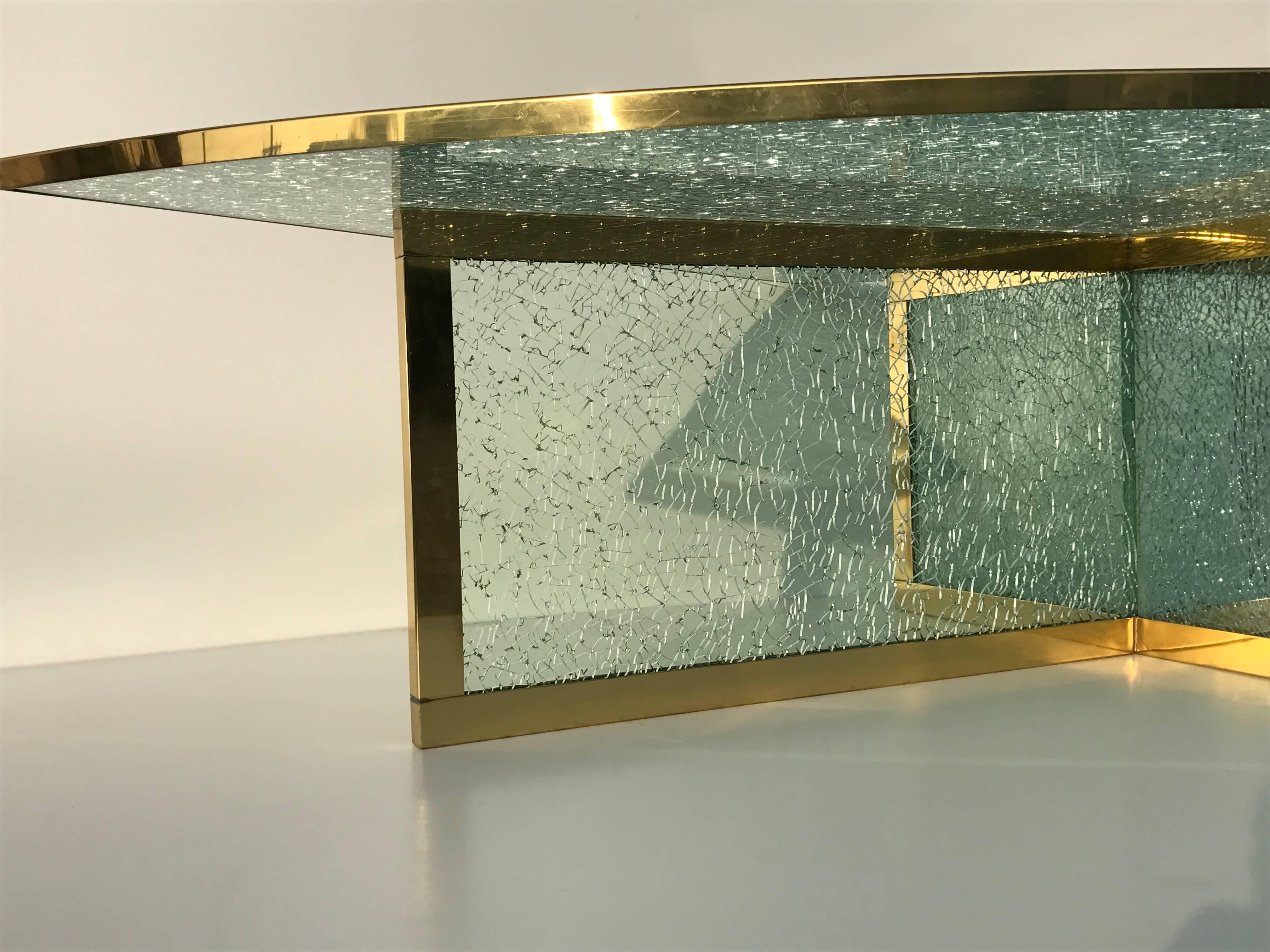 American Massive Steve Chase Designed Crackled Glass and Brass Coffee Table