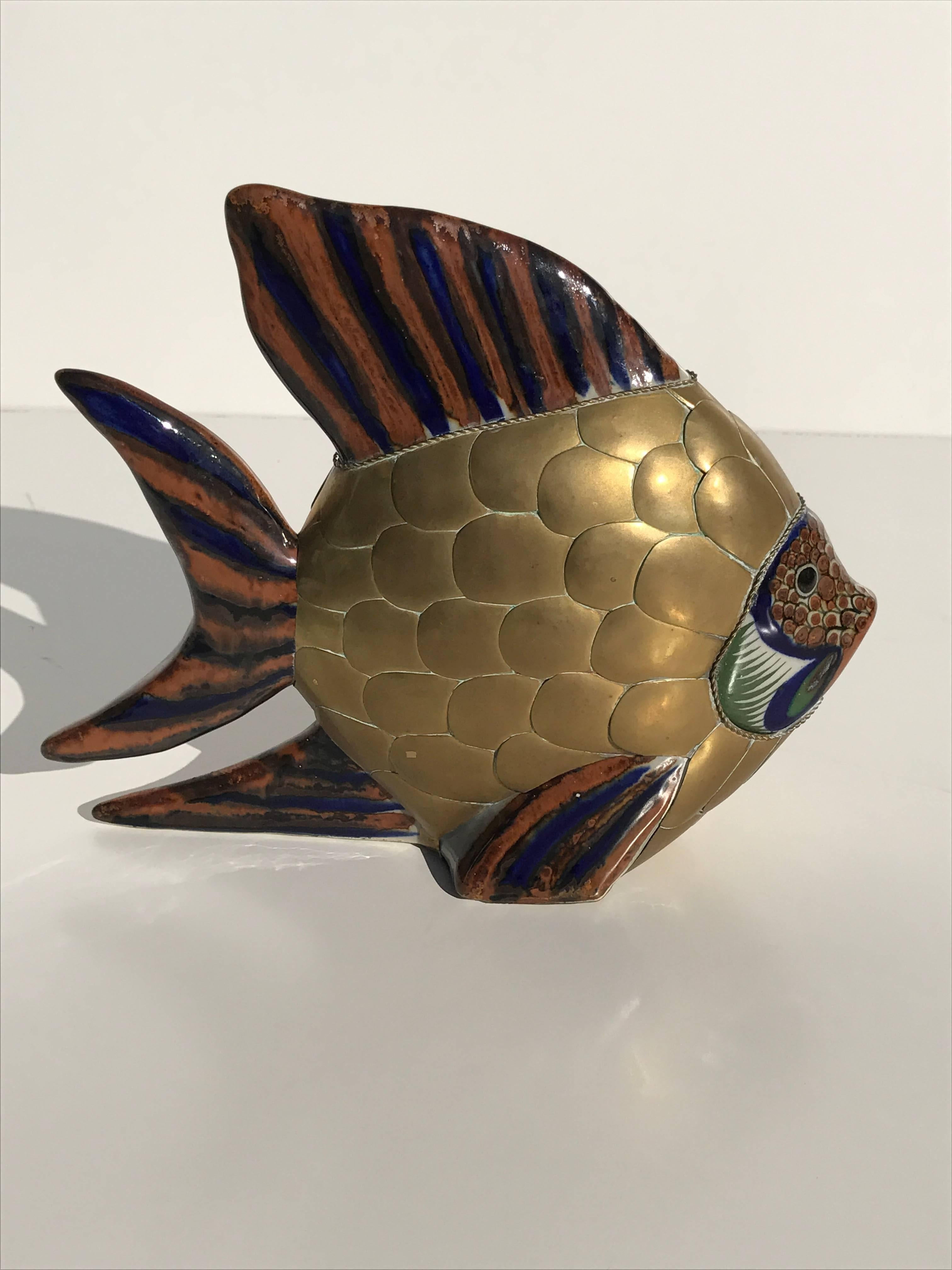 Mexican Pair of Brass and Ceramic Fish Sculptures Attributed to Sergio Bustamante